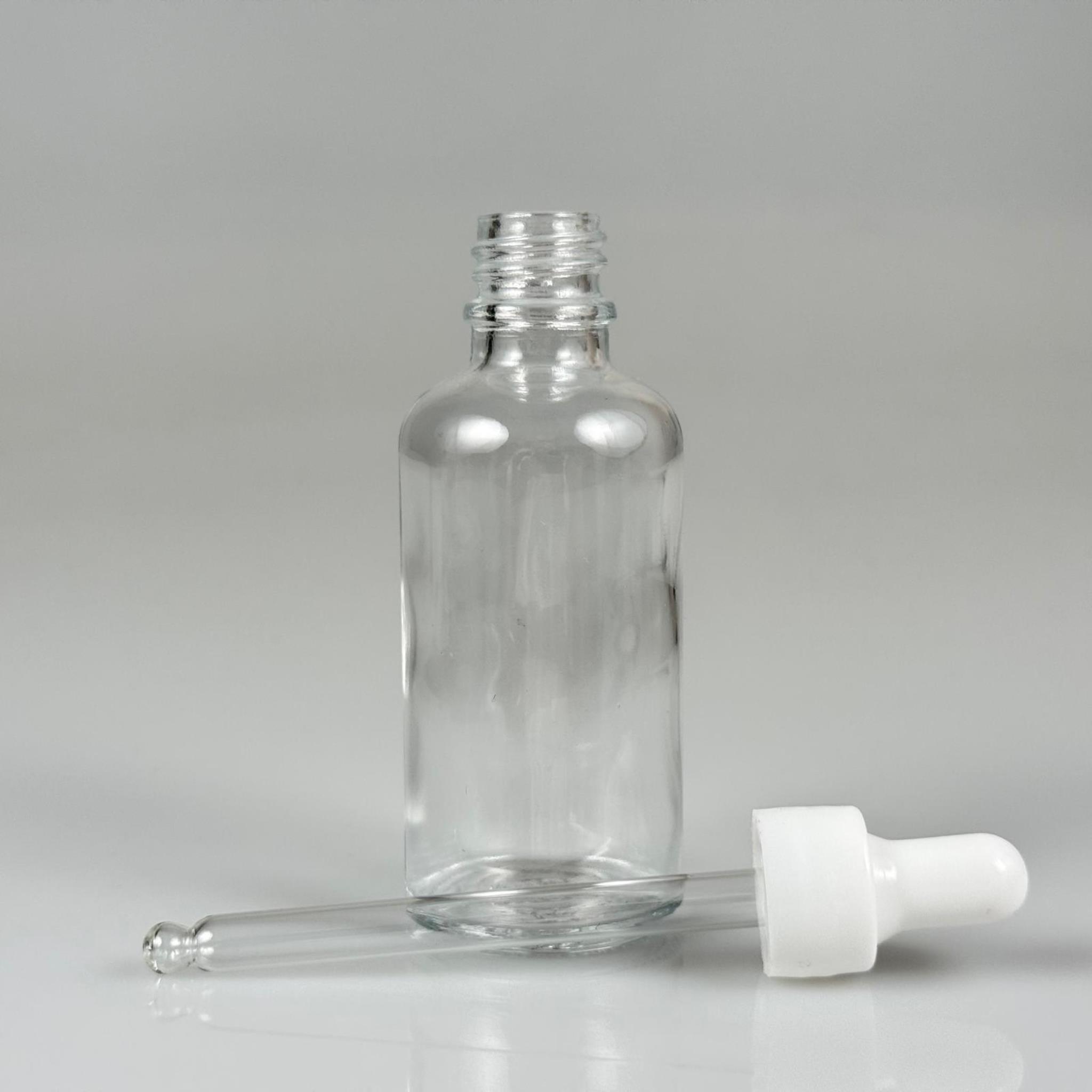 50 CC ŞEFFAF CAM DAMLALIKLI ŞİŞE - BEYAZ EMZİK + BEYAZ DÜZ KAPAK + CAM PİPET TAKIM - 50 ML DAMLALIKLI ŞİŞE SETİ