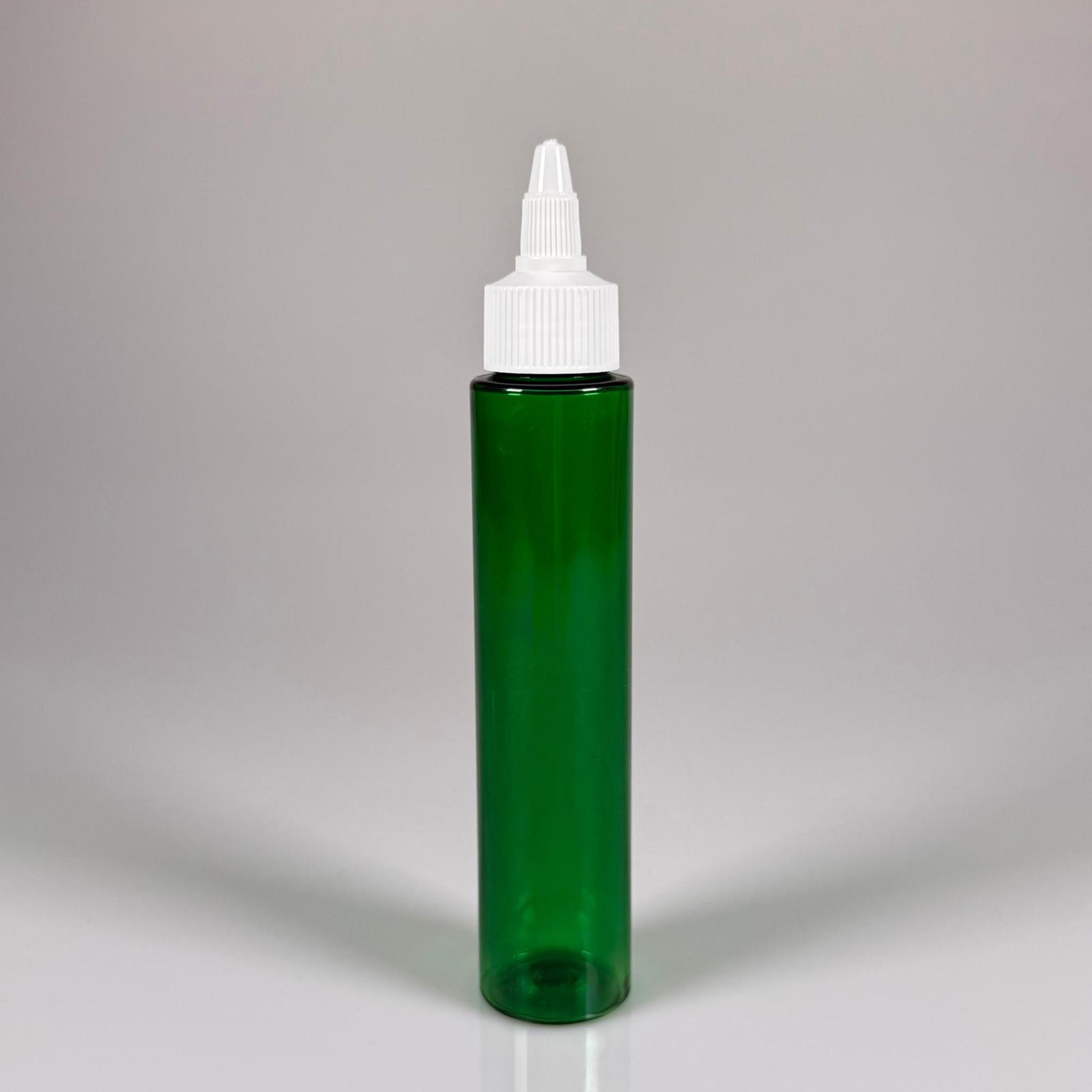 100 CC UZUN SİLİNDİR YEŞİL PET ŞİŞE (24 GR) - BEYAZ TWİST SİVRİ ASANSÖR AKITICI KAPAKLI - 100 ML BİBERİYE SUYU, LAVANTA YAĞI, SAÇ SERUM, TONİK VB İÇİN PLASTİK KOZMETİK AMBALAJLARI