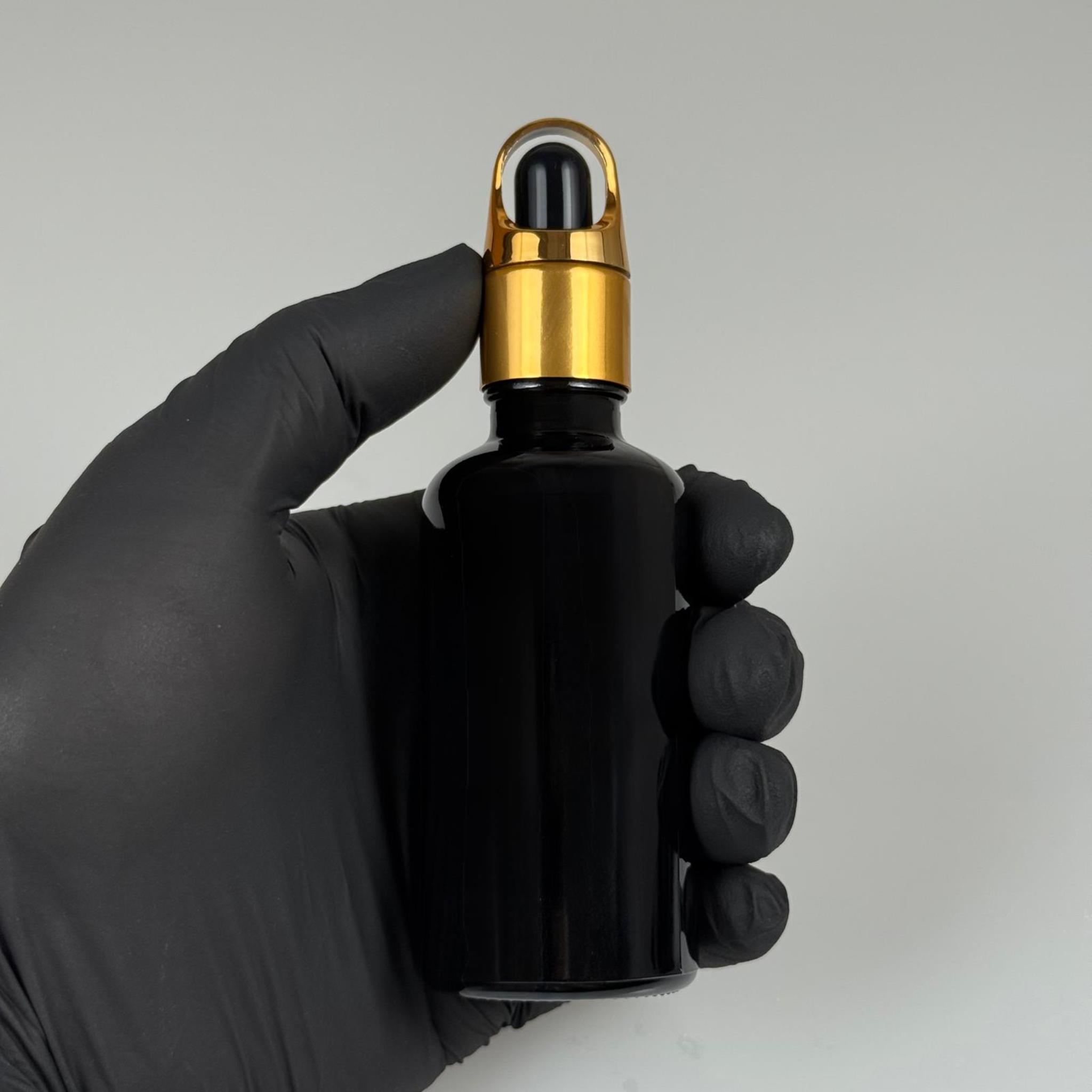 50 CC SİYAH CAM DAMLALIKLI ŞİŞE - SİYAH EMZİK - GOLD FLOWER SEPET MODEL METALİK KAPAK - 50 ML CAM DAMLALIKLI ŞİŞE