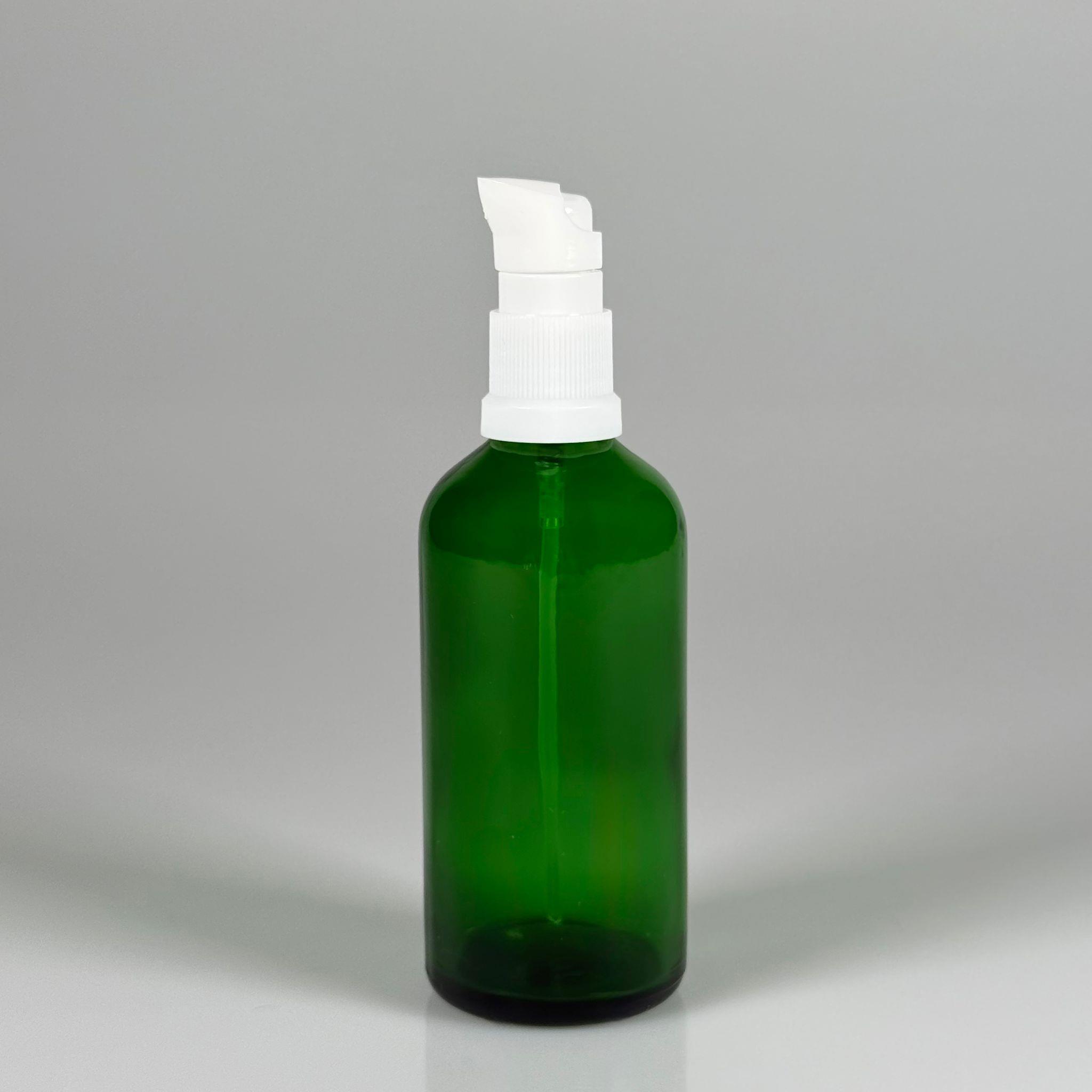 100 CC YEŞİL CAM ŞİŞE - SIZDIRMAZ ETEKLİ BEYAZ LOSYON POMPALI TAKIM - 100 ML LOSYON ŞİŞESİ - YAĞ, KREM GİBİ YOĞUN KIVAMLI SIVILAR İÇİN CAM AMBALAJ