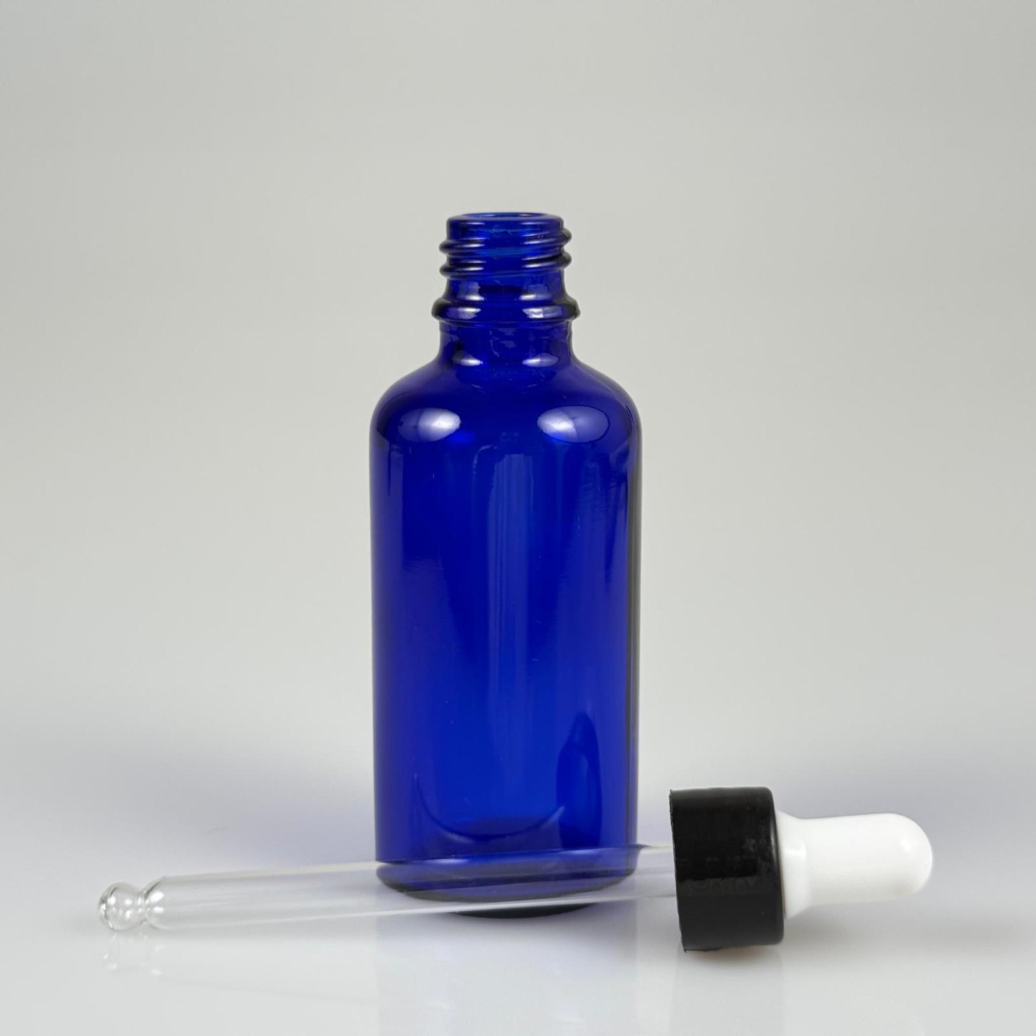 50 CC MAVİ CAM DAMLALIKLI ŞİŞE - BEYAZ EMZİK + SİYAH DÜZ KAPAK + CAM PİPET TAKIM - 50 ML DAMLALIKLI ŞİŞE SETİ