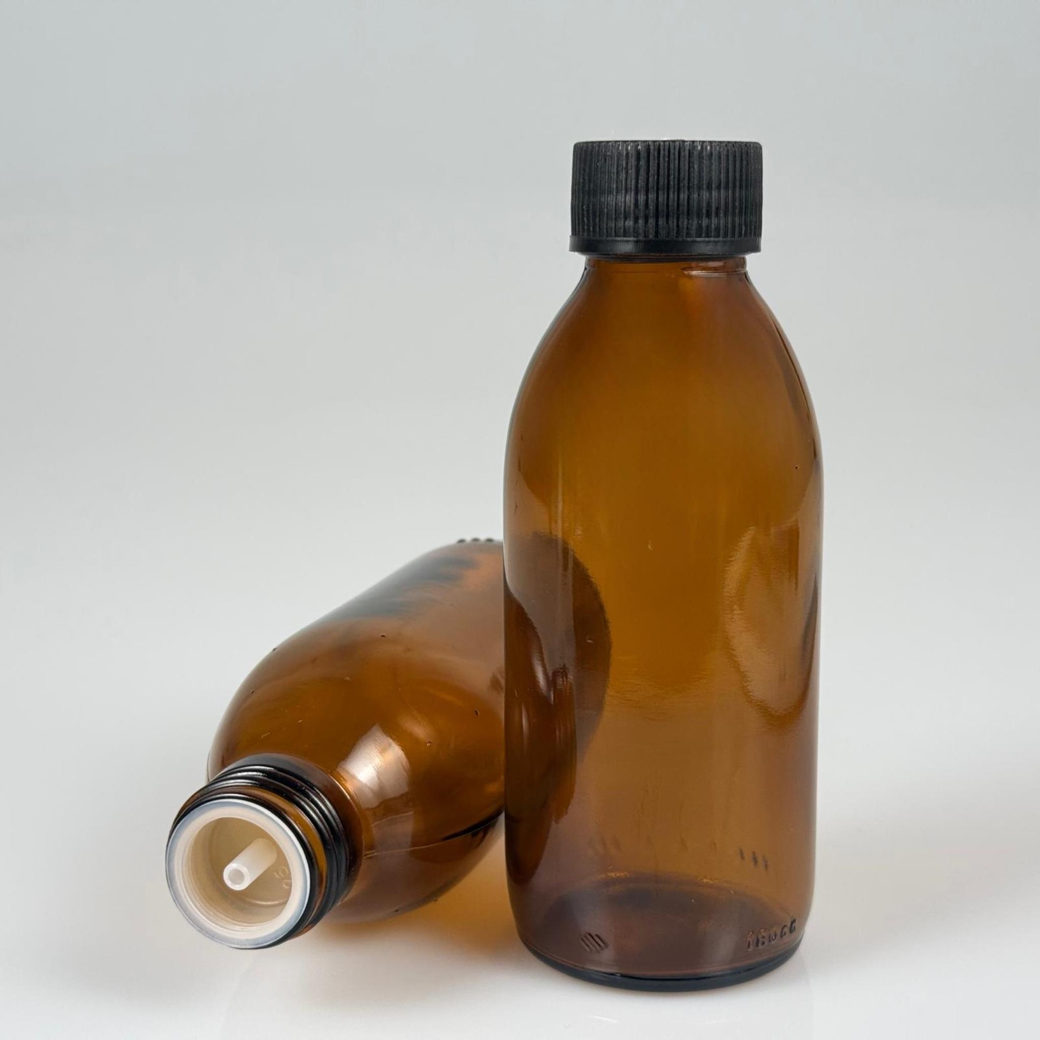 160 ML DOLUMU KOLAY, GENİŞ AĞIZLI İÇTEN DAMLALIKLI ŞİŞE (28 MM AĞIZ)  - 160 CC SİYAH CONTALI KAPAKLI İÇTEN DAMLALIKLI CAM ECZA ŞİŞESİ - AMBER KAHVERENGİ