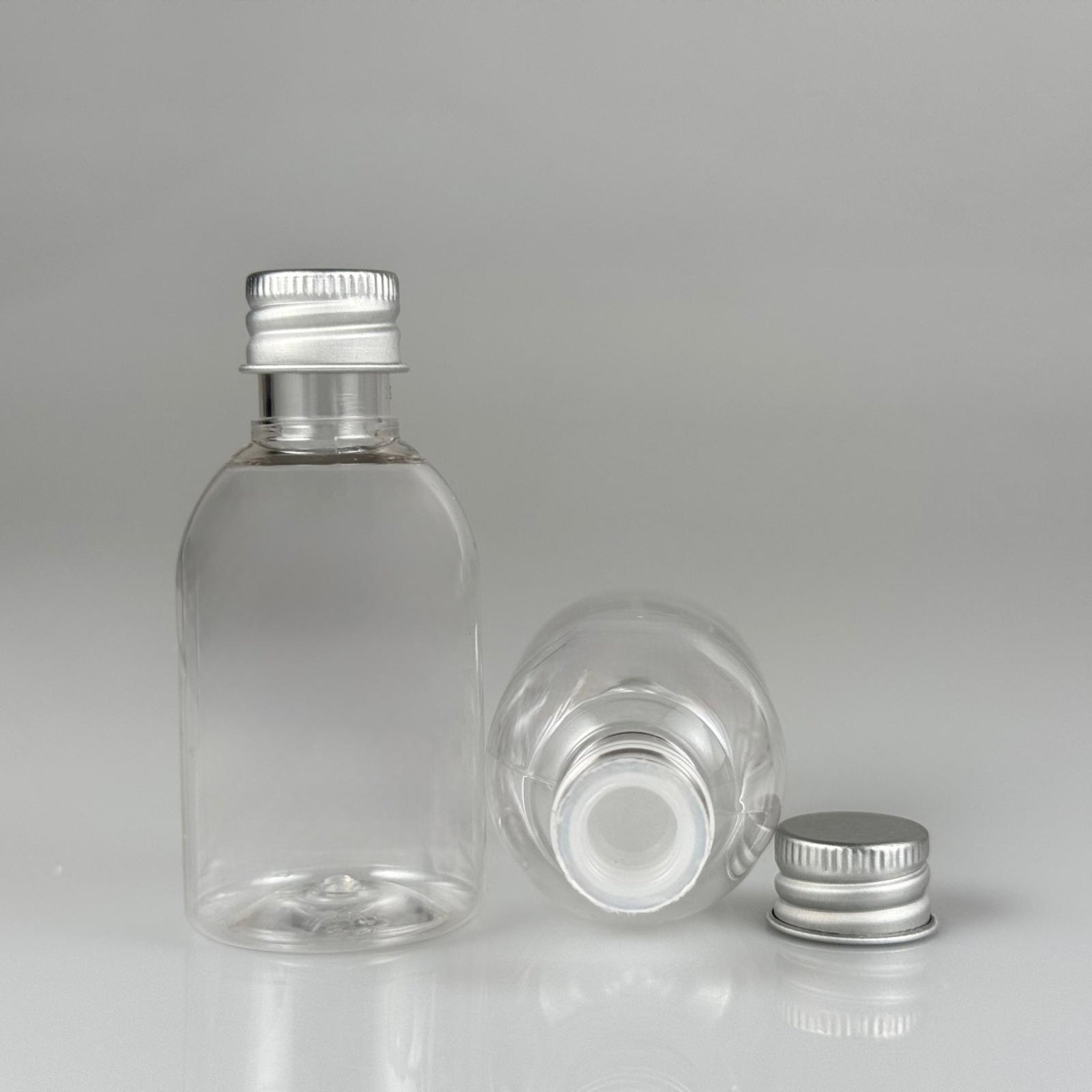 50  CC BUKLET PET ŞİŞE + KÖPÜK CONTALI GÜMÜŞ ALÜMİNYUM METAL KAPAKLI + KÖR TIPALI TAKIM - 50 ML PLASTİK ŞİŞE