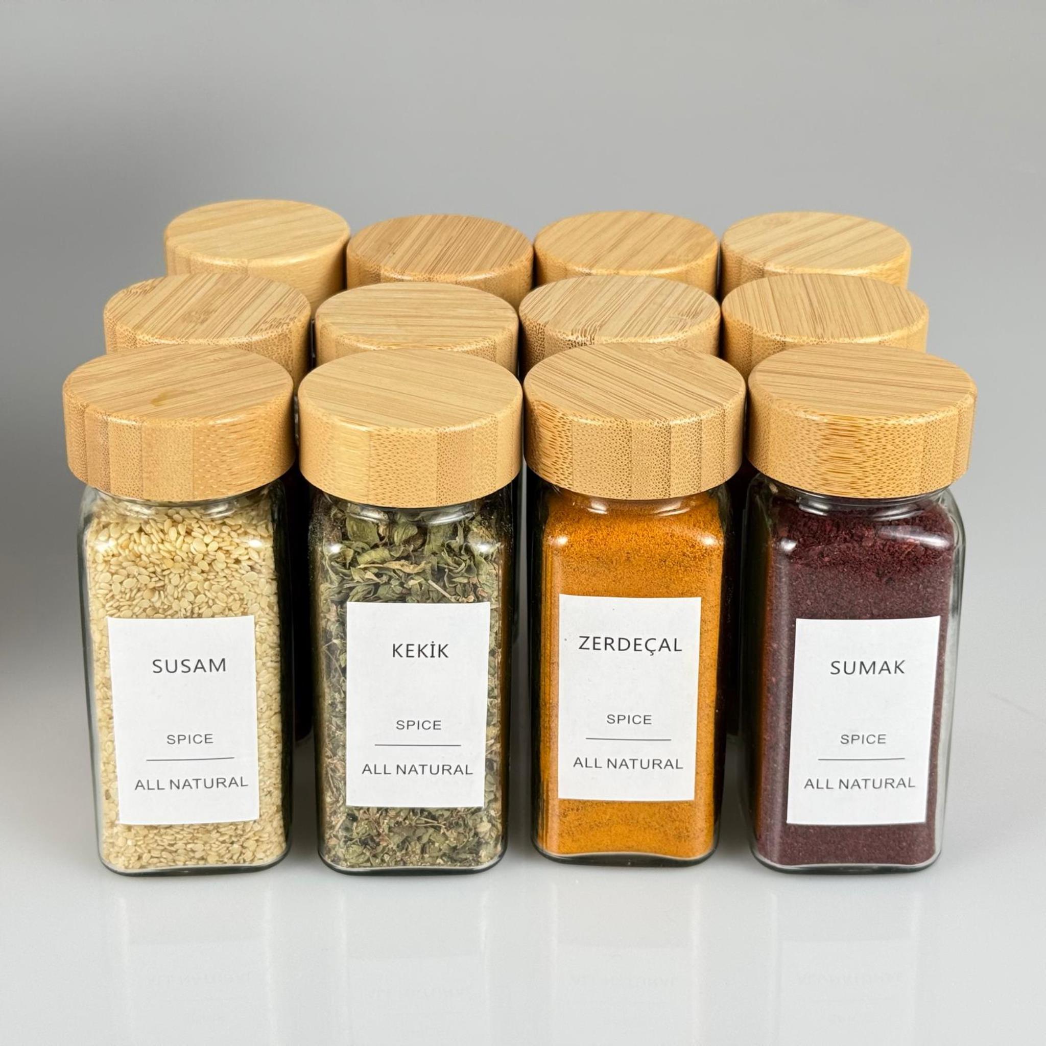 !!12 Lİ!! ETİKETLİ TAKIM 120 CC KARE BAHARAT KAVANOZU - BAMBU AHŞAP KAPAK - İÇ TIPA