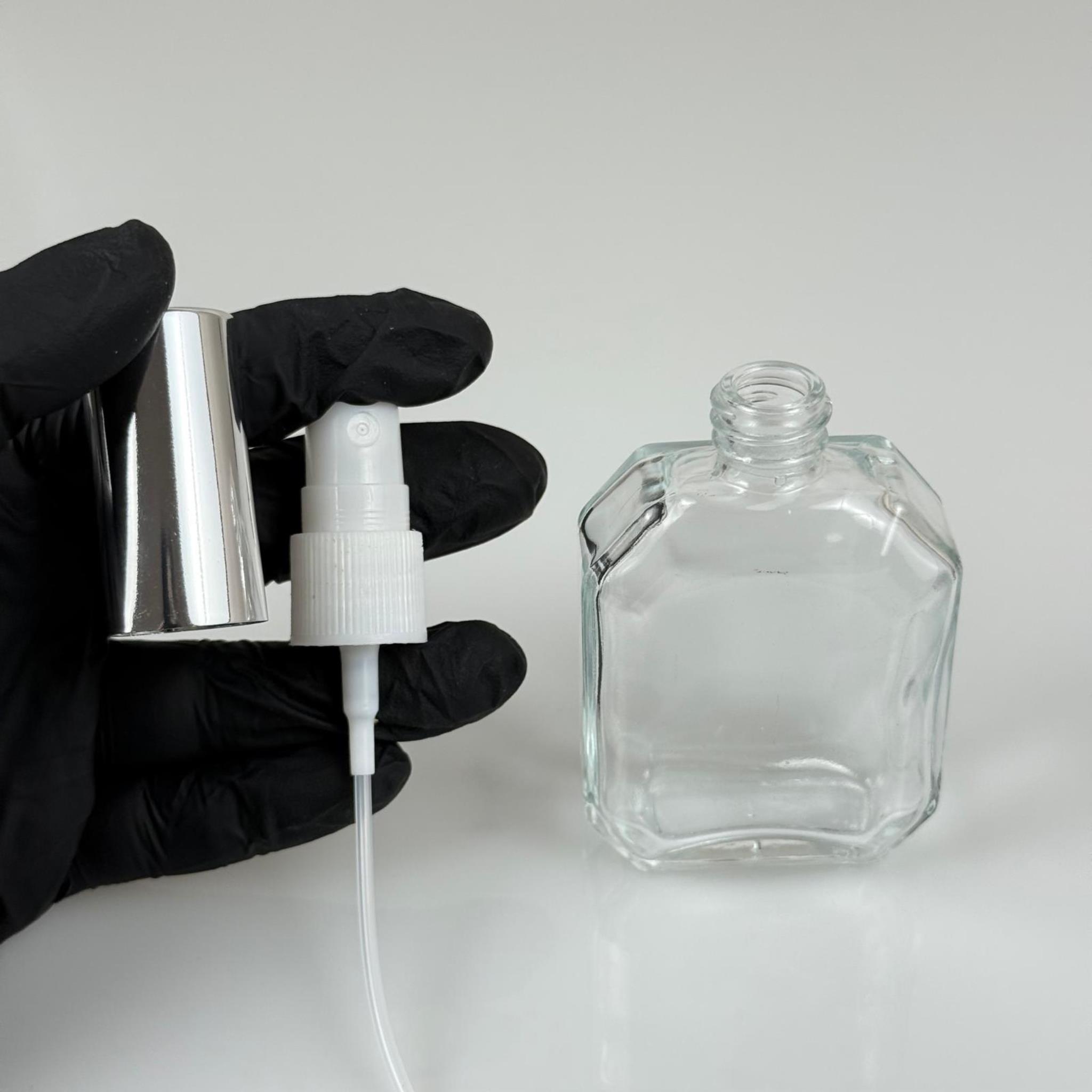50 ML CAM KOLONYA, PARFÜM VB ŞİŞELERİ - METAL ALÜMİNYUM GÜMÜŞ KAPAK + VİDALI SPREY + 50 CC KAZABLANKA ŞEFFAF ŞİŞE SET TAKIM