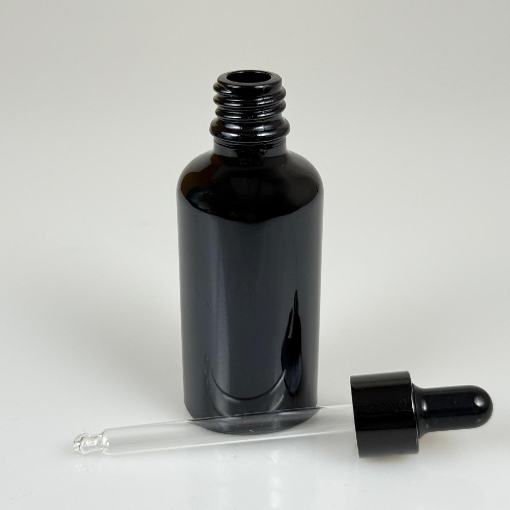 50 CC SİYAH CAM DAMLALIKLI ŞİŞE - SİYAH EMZİK - SİYAH METALİK KAPAK - 50 ML SİYAH CAM DAMLALIKLI ŞİŞE