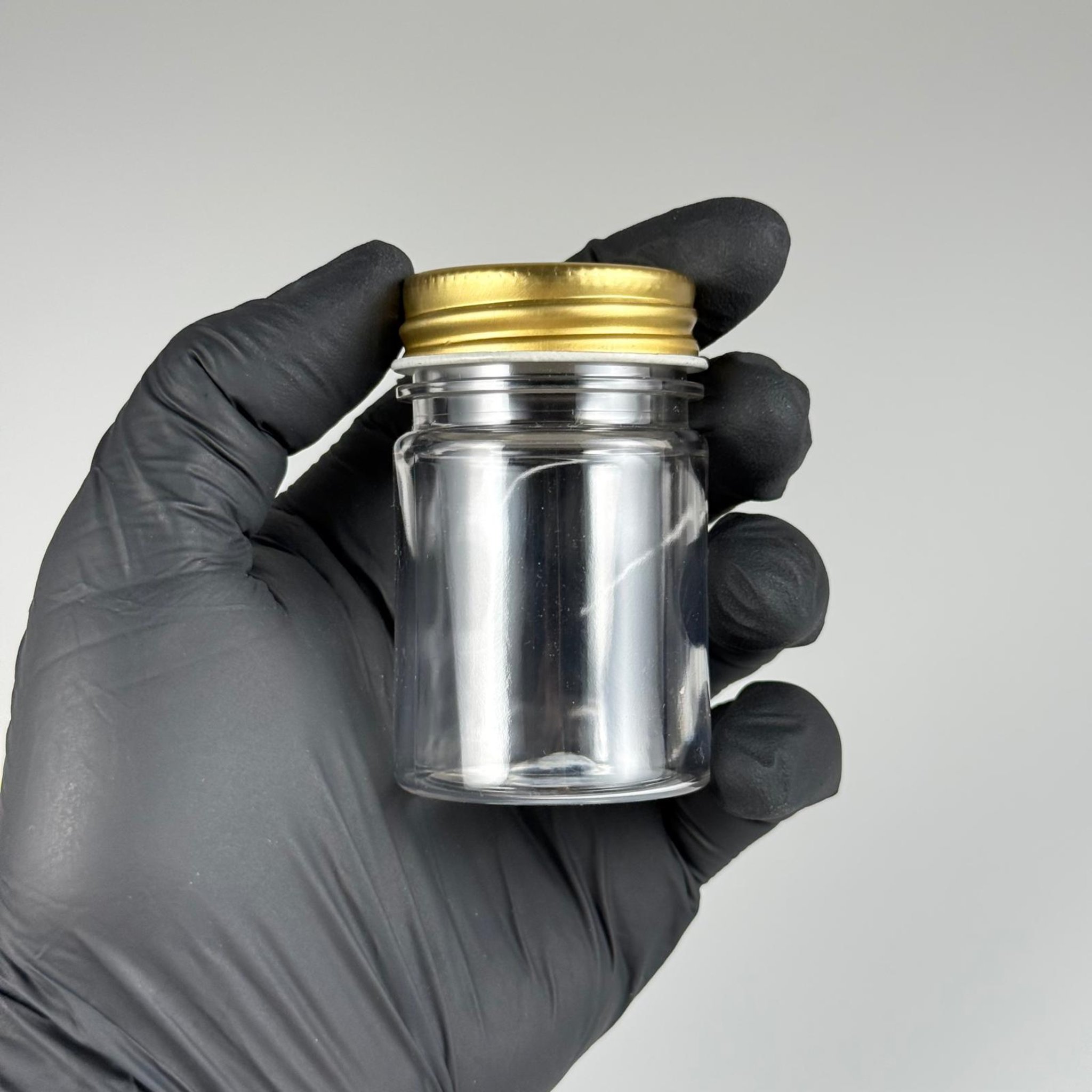 50 CC PET ŞİŞE GENİŞ AĞIZLI  - GOLD METAL KAPAKLI + KÖPÜK CONTALI TAKIM - 50 ML PLASTİK NUMUNE KAVANOZU, MİNİ TABLET KAVANOZU