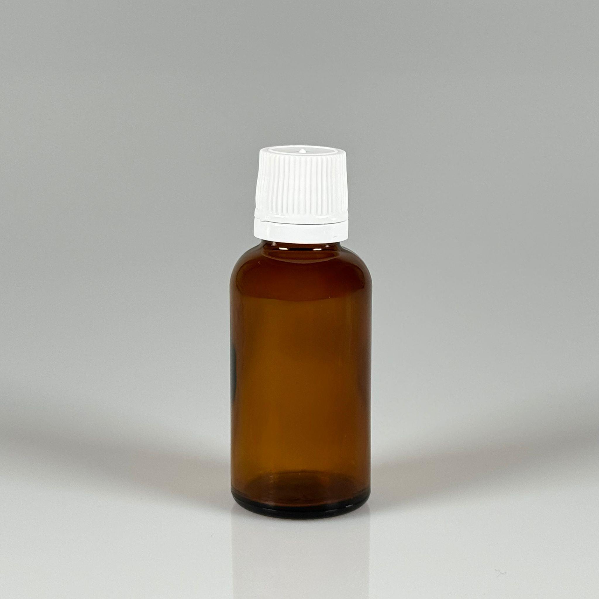 30 CC CAM AMBER KAHVERENGİ KİLİTLİ, KENDİNDEN CONTALI BEYAZ KAPAKLI - 30 ML DAR AĞIZLI İLAÇ ŞİŞESİ