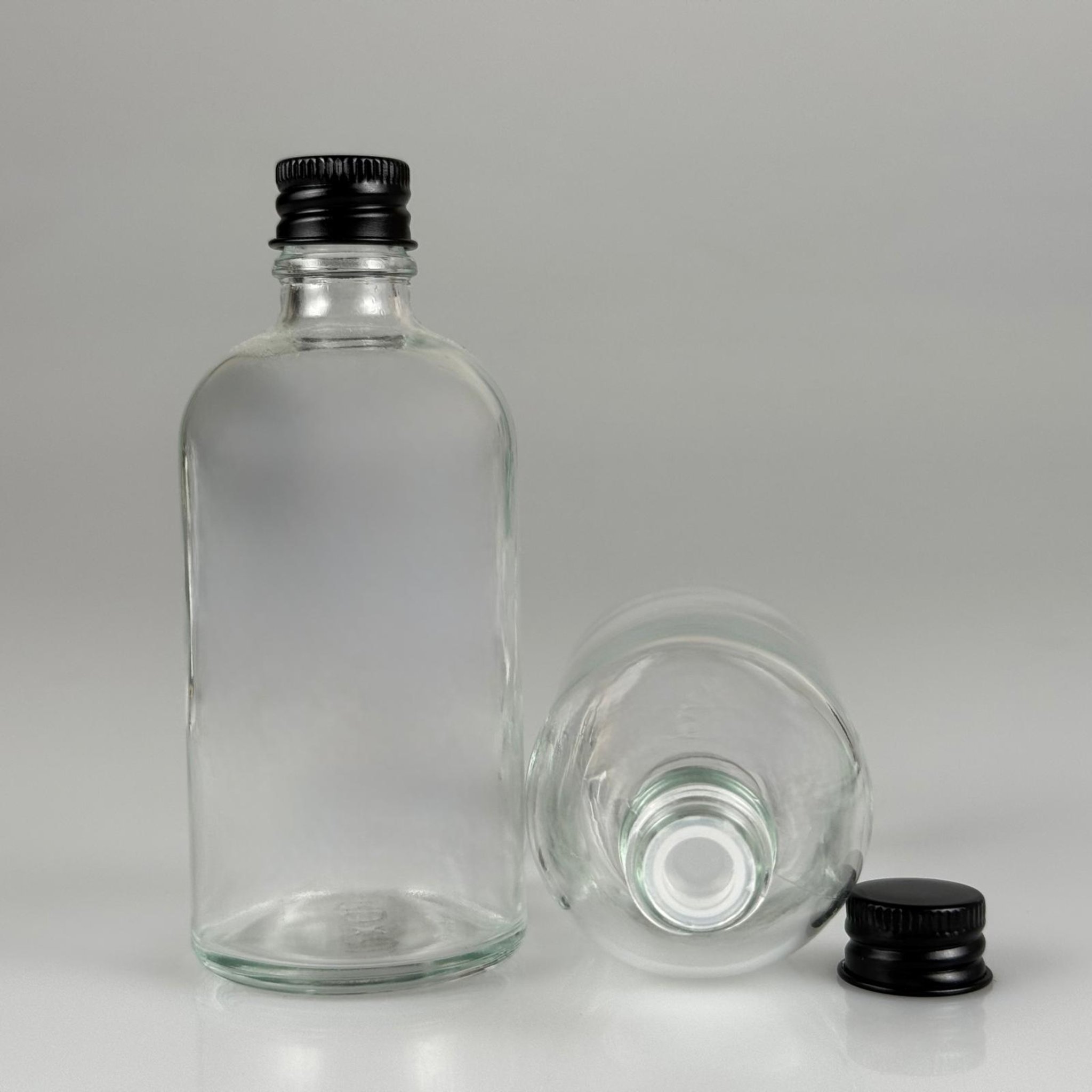 100 CC ŞEFFAF CAM ŞİŞE + KÖPÜK CONTALI SİYAH ALÜMİNYUM METAL KAPAKLI + KÖR TIPALI TAKIM - 100 ML ŞEFFAF CAM ŞİŞE