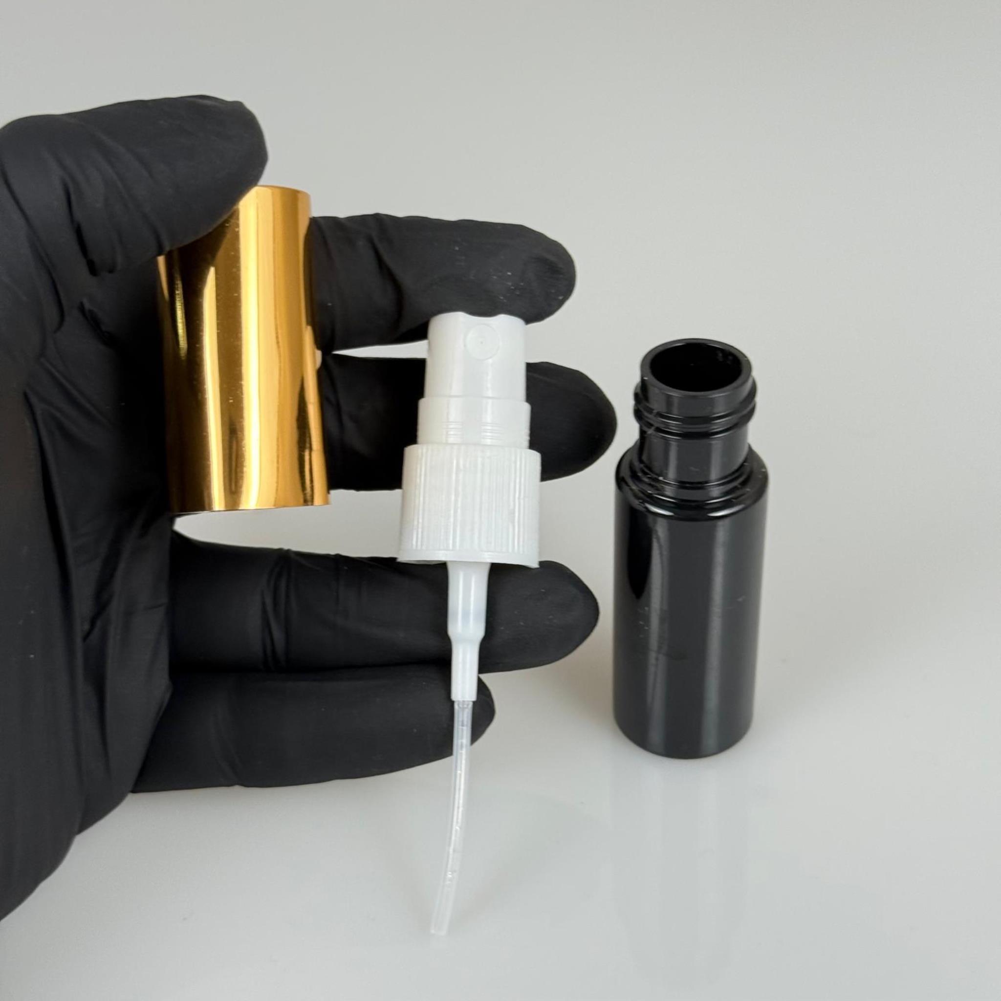 15 ML PET KOLONYA, PARFÜM VB ŞİŞELERİ - METAL ALÜMİNYUM GOLD KAPAK + VİDALI SPREY + 15 CC SİYAH ŞİŞE SET TAKIM