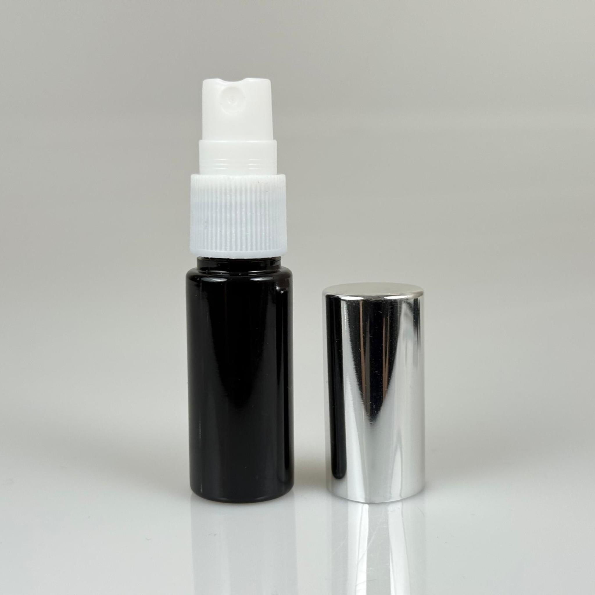 15 ML PET KOLONYA, PARFÜM VB ŞİŞELERİ - METAL ALÜMİNYUM GÜMÜŞ KAPAK + VİDALI SPREY + 15 CC SİYAH ŞİŞE SET TAKIM