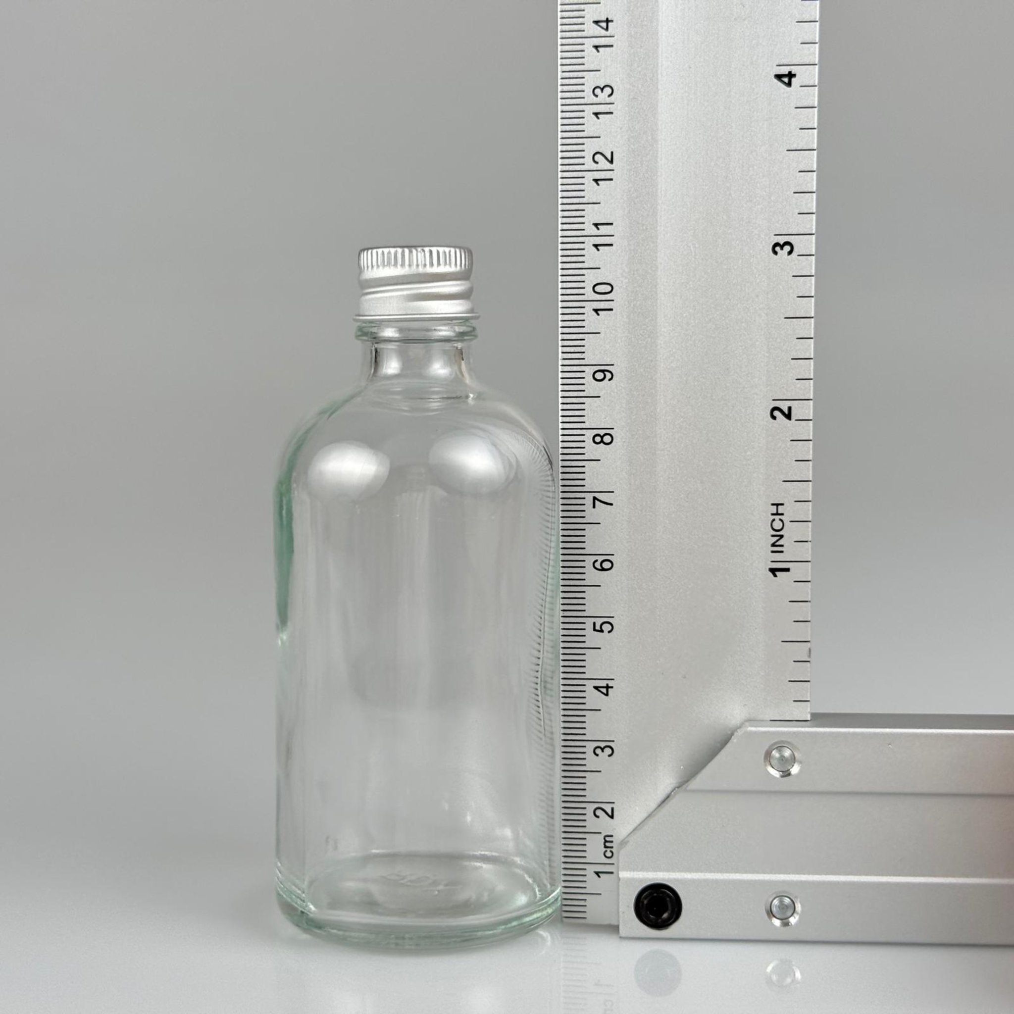 100 CC ŞEFFAF CAM ŞİŞE + KÖPÜK CONTALI GÜMÜŞ ALÜMİNYUM METAL KAPAKLI TAKIM - 100 ML ŞEFFAF CAM ŞİŞE