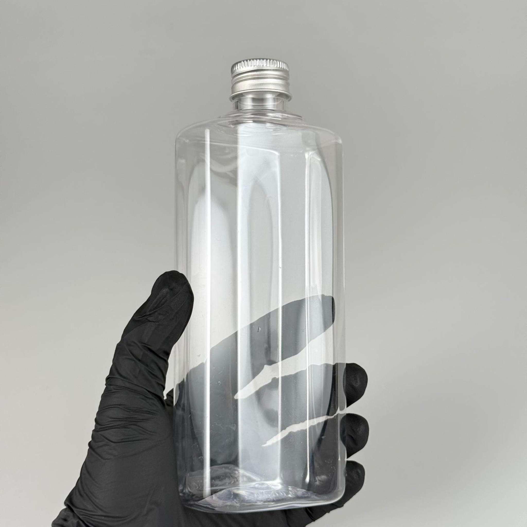 400 CC YASSI MODEL ŞEFFAF PET ŞİŞE (24 AĞIZ) + KÖPÜK CONTALI GÜMÜŞ METAL ALÜMİNYUM KAPAKLI + KOLONYA TIPALI TAKIM - 400 ML KAPAKLI PLASTİK ŞİŞELER
