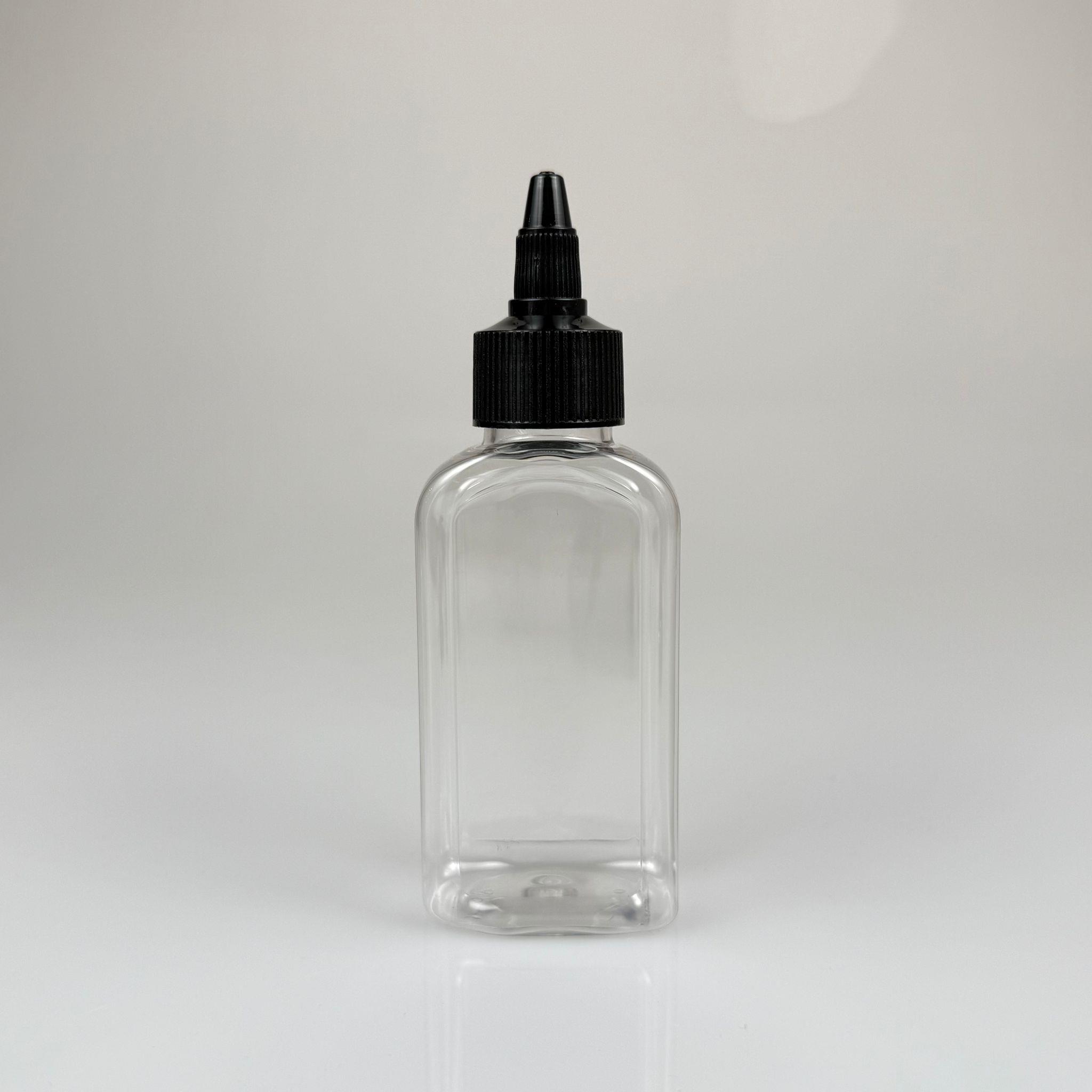 YAĞ, SOS, ACI SOS, SİRKE, SRIRACHA, MÜREKKEP, TUTKAL AKITICI VB BOŞ ŞİŞELERİ - SİYAH SİVRİ TWİST AKITICI KAPAK + 100 ML YASSI KÖŞELİ SERT PET PLASTİK ŞİŞE TAKIM