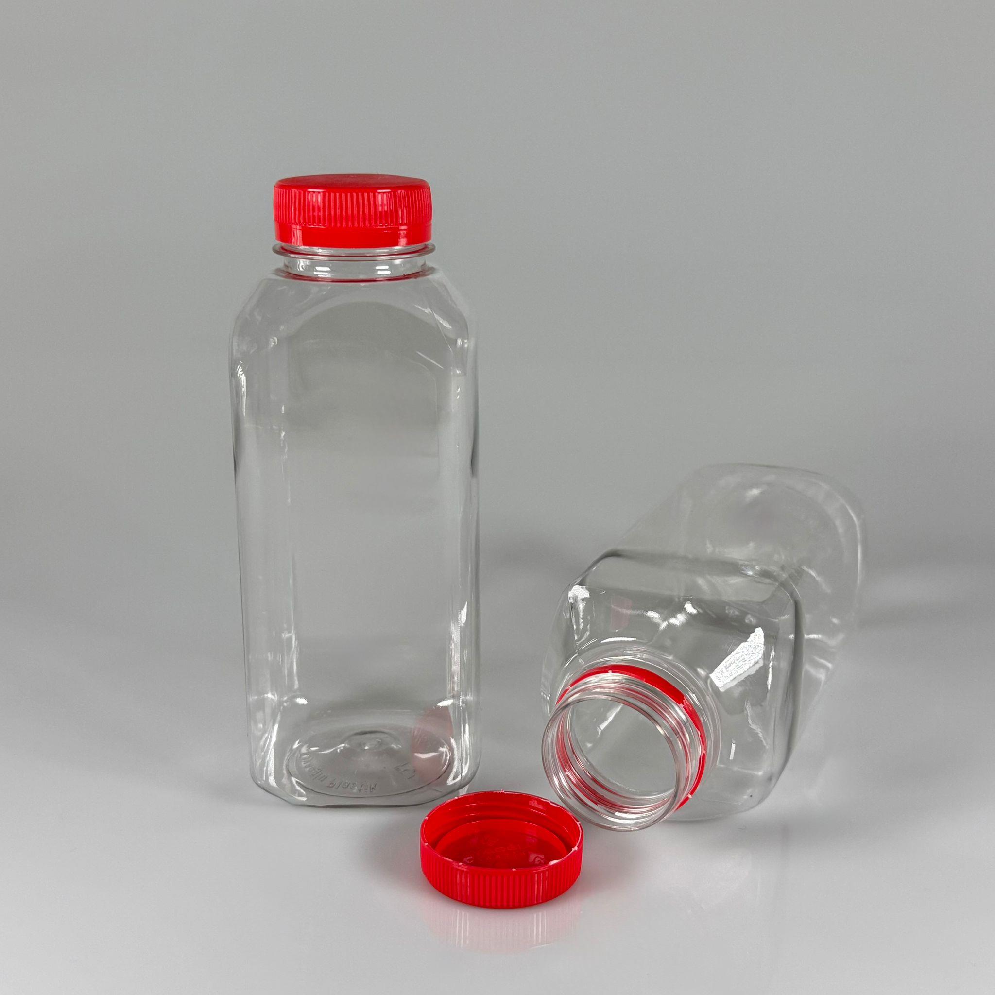 500 CC KÖŞELİ KARE PET ŞİŞE (28 GR) - 38 MM GENİŞ AĞIZLI KIRMIZI KİLİTLİ KAPAKLI - 500 ML DETOX, MEYVE SUYU, SMOOTHIE, AYRAN, SÜT, MEŞRUBAT VB İÇİN BOŞ PLASTİK ŞİŞELER