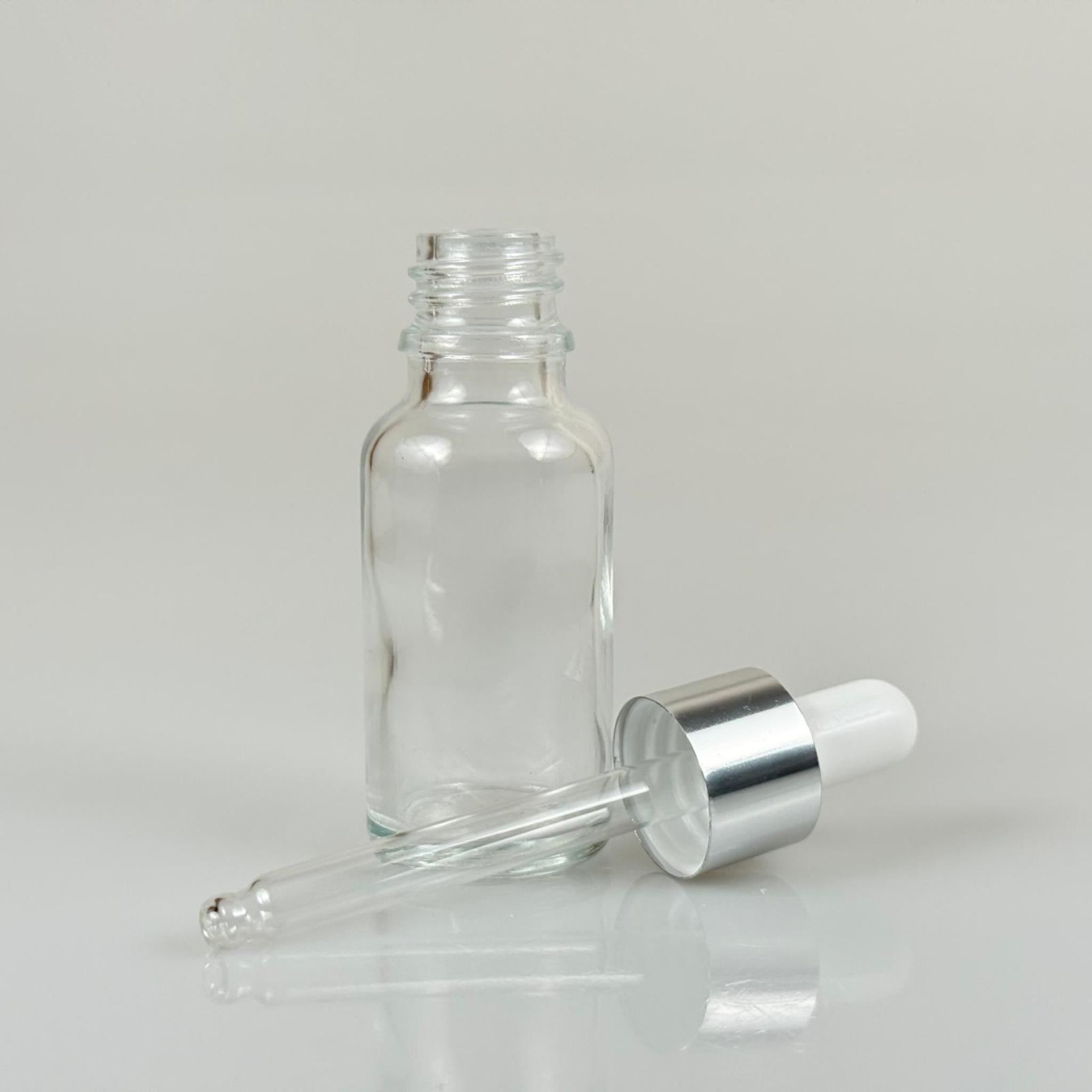 20 CC ŞEFFAF CAM DAMLALIKLI ŞİŞE - BEYAZ EMZİK - GÜMÜŞ METALİK KAPAK - 20 ML SAYDAM CAM DAMLALIKLI ŞİŞE