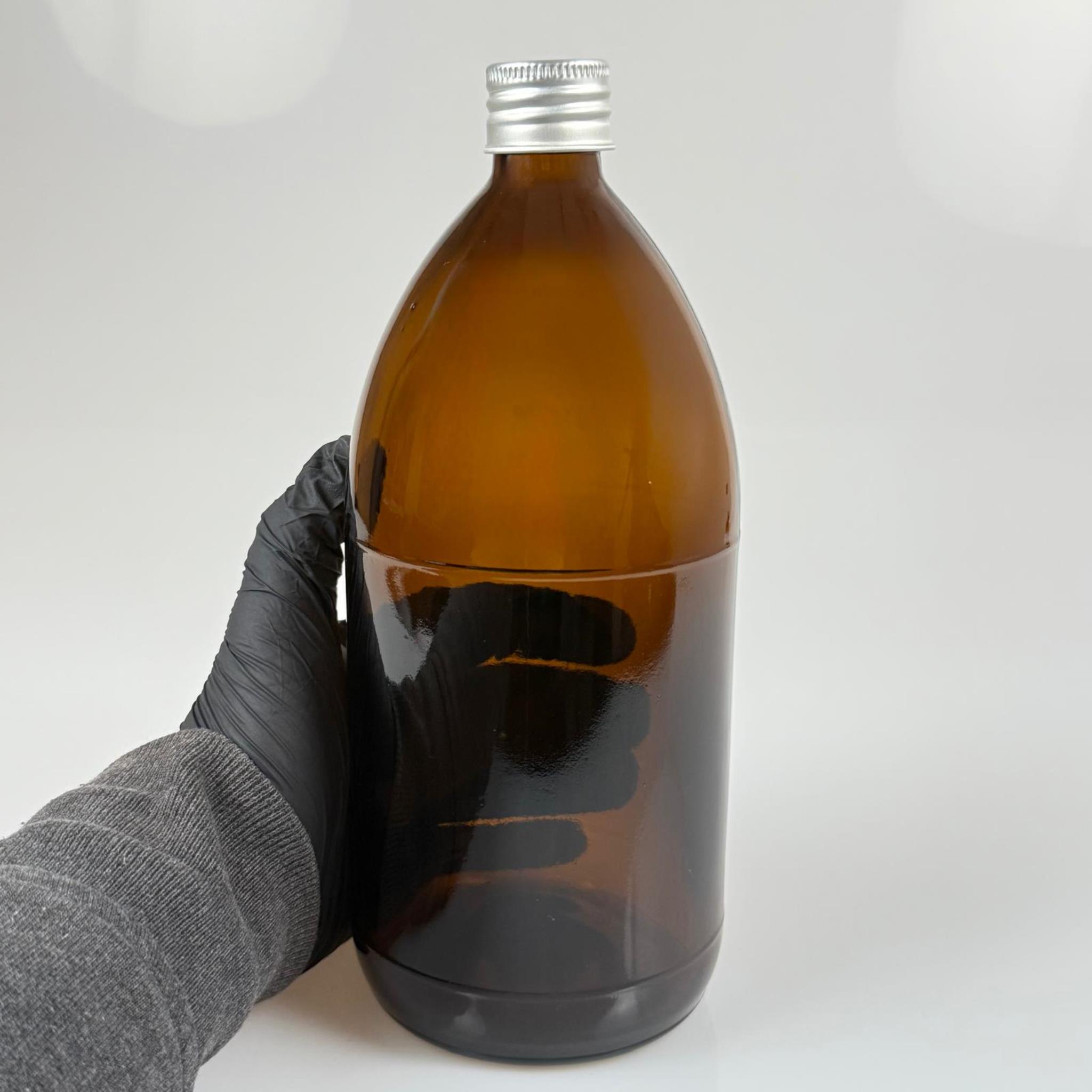 1000 CC AMBER TOMBUL ÖZEL SERİ CAM ŞİŞE - METAL ALÜMİNYUM GÜMÜŞ KÖPÜK CONTALI KAPAKLI - 1000 ML CAM ECZA ŞİŞESİ - KAHVERENGİ