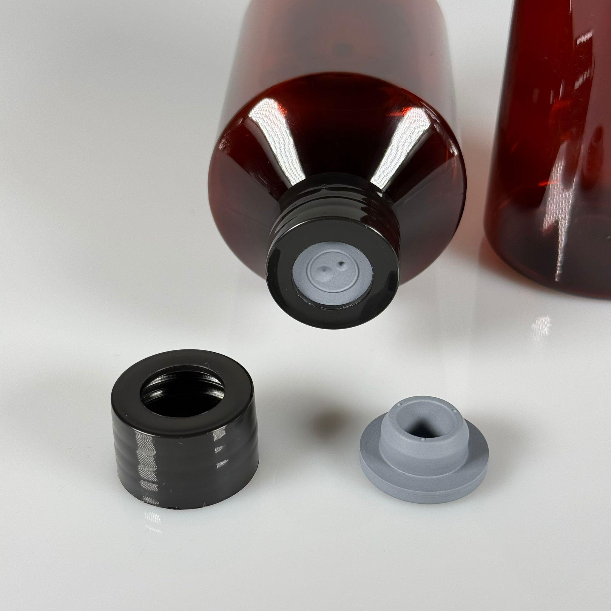 FLAKON ENJEKTÖR SERUM ŞİŞESİ - 250 ML ECZA PLASTİK PET ŞİŞE + VİDALI DELİKLİ KAPAK (ELLE ÇEVİREREK KAPANIR) + KAUÇUK BUTİL TIPA TAKIM