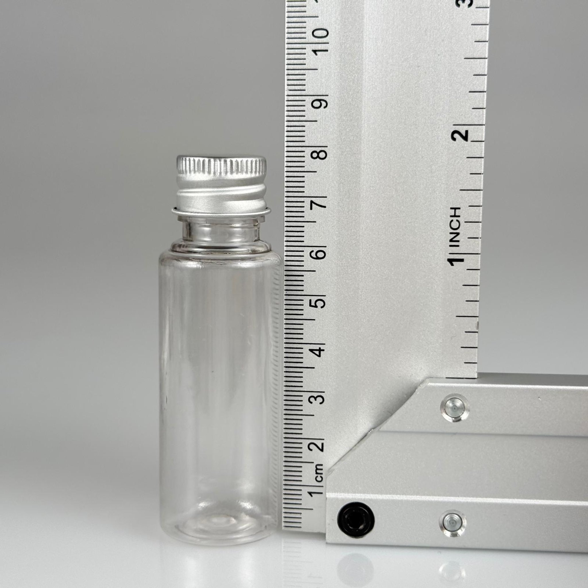 30 CC ŞEFFAF PET SHOT ŞİŞE - KÖPÜK CONTALI GÜMÜŞ ALÜMİNYUM METAL KAPAKLI + KÖR TIPALI TAKIM - 30 ML PLASTİK ŞİŞE