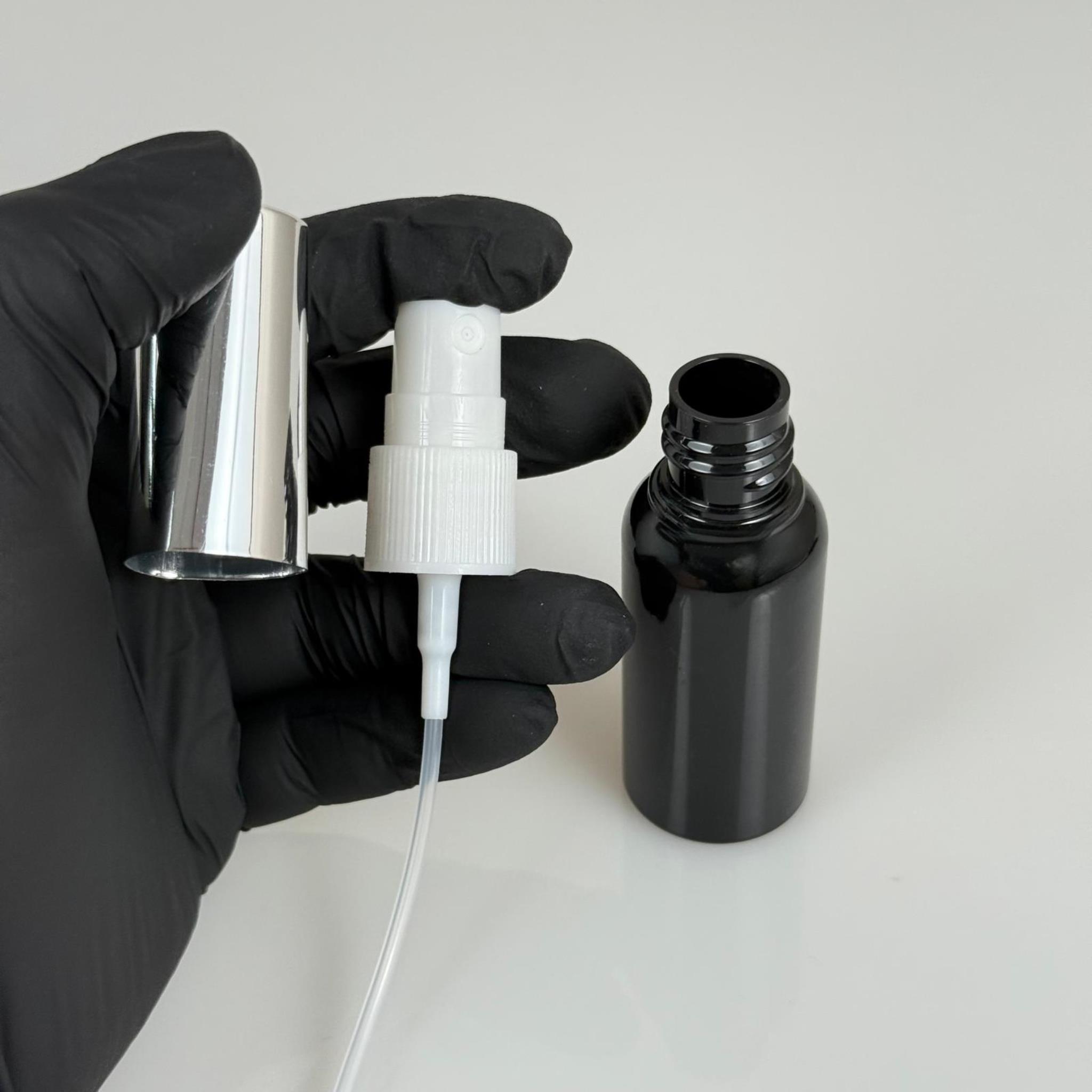 30 ML PET KOLONYA, PARFÜM VB ŞİŞELERİ - METAL ALÜMİNYUM GÜMÜŞ KAPAK + VİDALI SPREY + 30 CC SİYAH ŞİŞE SET TAKIM