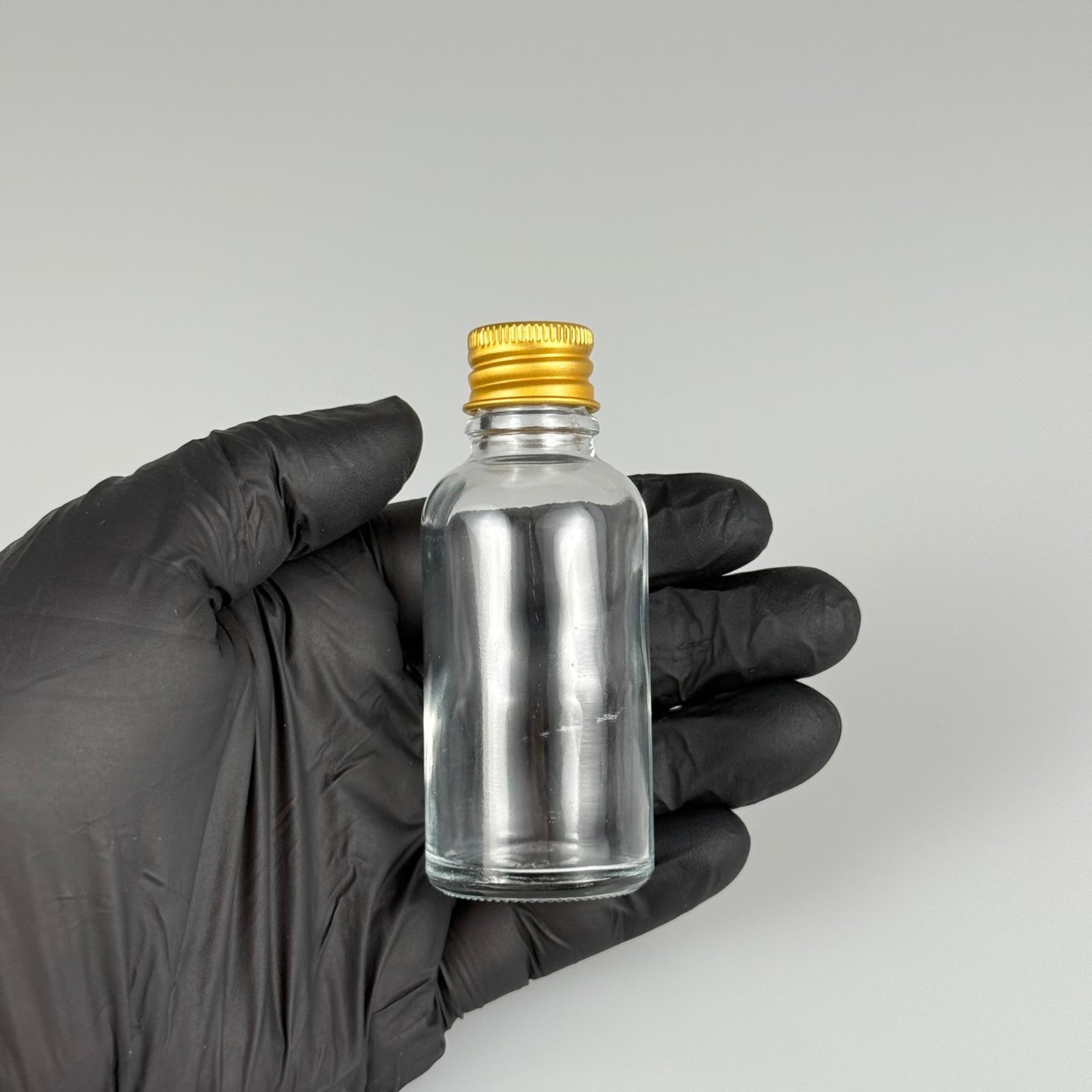 30 CC ŞEFFAF CAM ŞİŞE + KÖPÜK CONTALI GOLD ALÜMİNYUM METAL KAPAKLI + KOLONYA TIPALI TAKIM - 30 ML ŞEFFAF CAM ŞİŞE