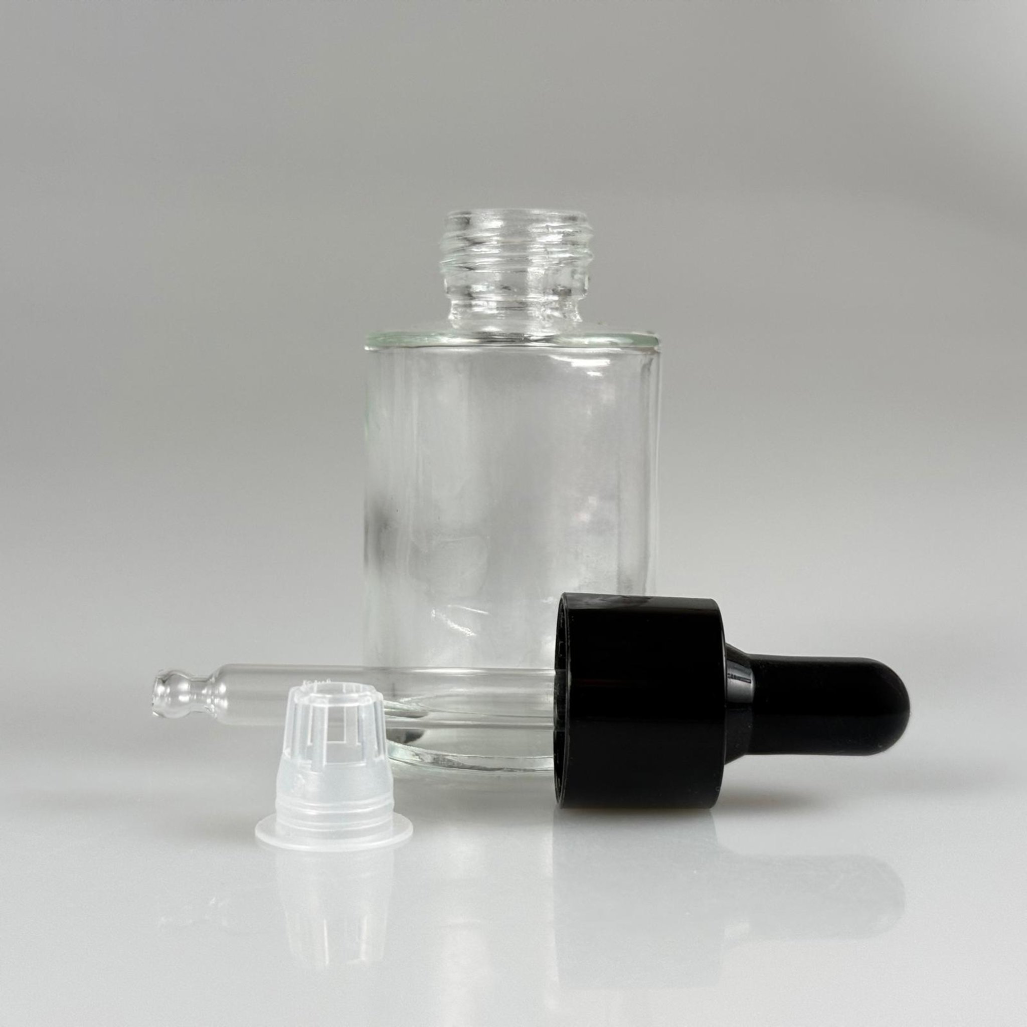 30 CC OMUZLU ŞEFFAF CAM ŞİŞE + SİYAH CAMDAMLALIKLI + SIYIRICI TIPALI TAKIM - 30 ML KÜT BOYUNLU CAM SERUM ŞİŞESİ