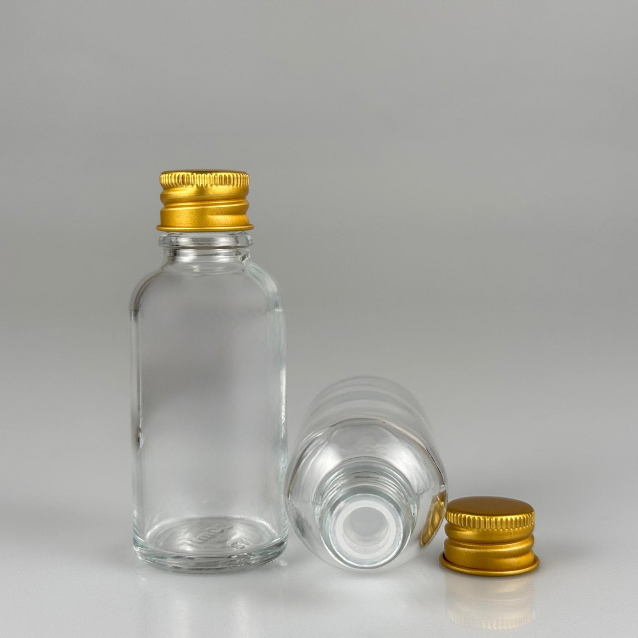 30 CC ŞEFFAF CAM ŞİŞE + KÖPÜK CONTALI GOLD ALÜMİNYUM METAL KAPAKLI + KÖR TIPALI TAKIM - 30 ML ŞEFFAF CAM ŞİŞE