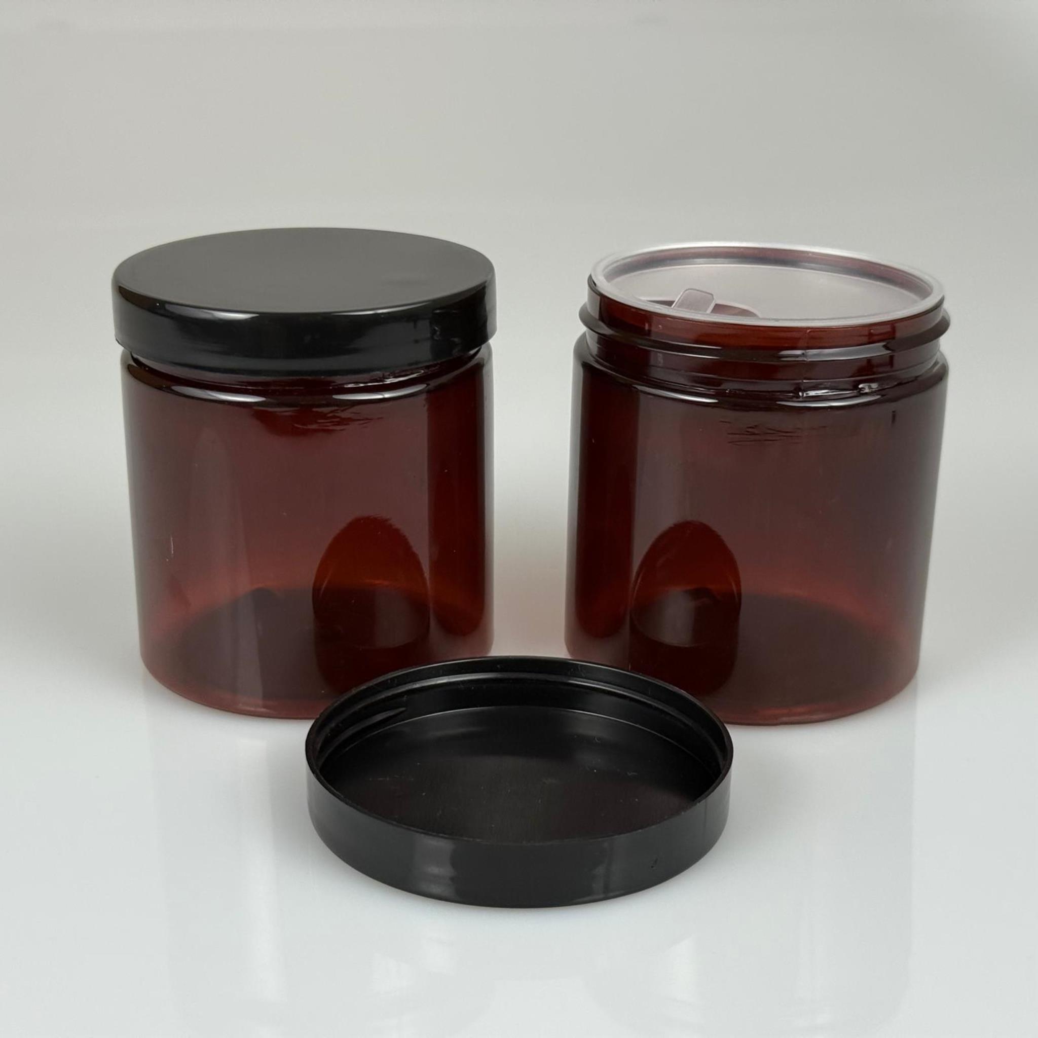 250 ML SERT PET KAVANOZ + SİYAH PLASTİK KAPAK + İÇ TIPA - 250 CC KALIN AMBER PLASTİK KAVANOZ SİYAH PLASTİK KAPAKLI İÇ TIPALI TAKIM - KREM KAVANOZLARI