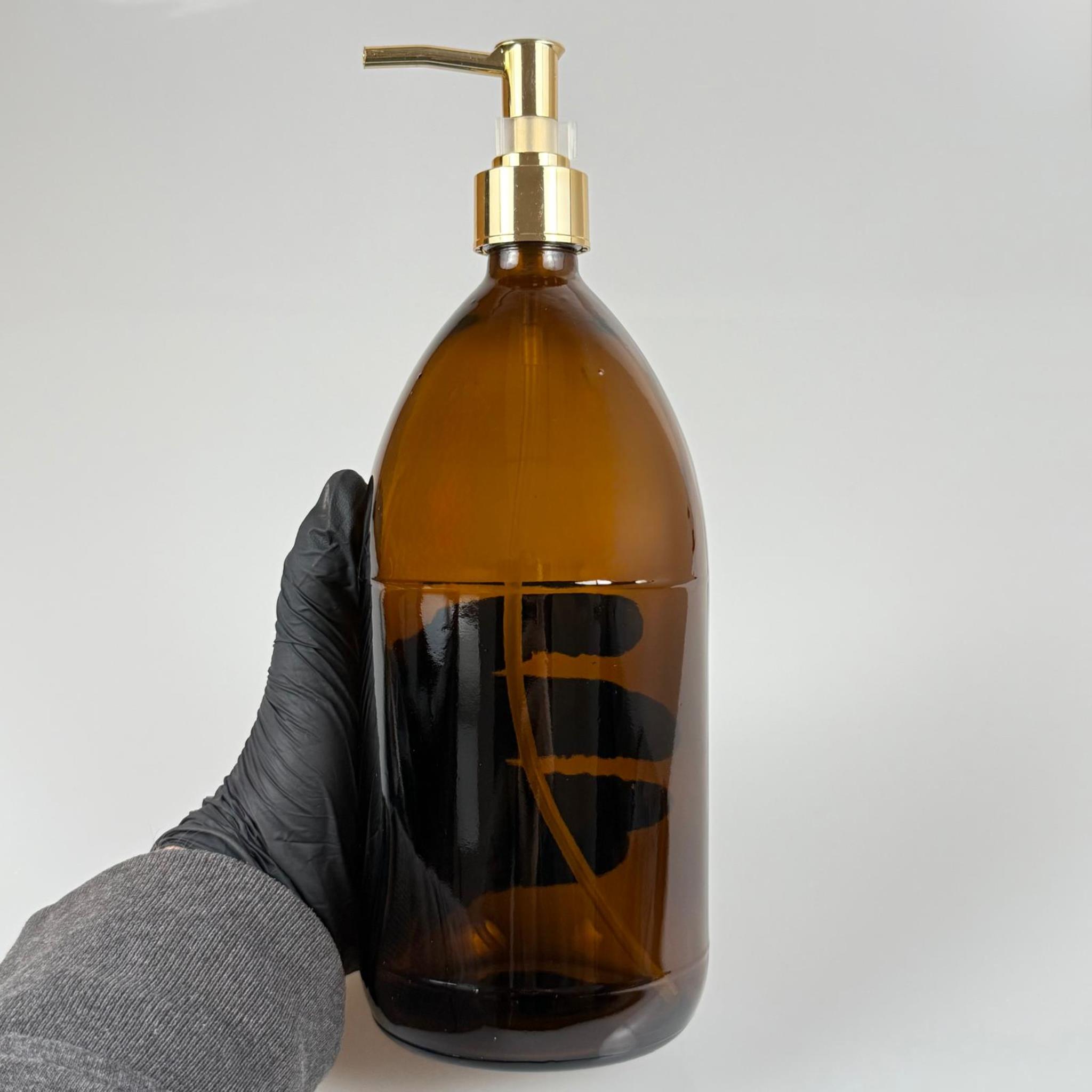1000 CC AMBER TOMBUL ÖZEL SERİ CAM ŞİŞE - METALİK KAPLAMALI LÜX GOLD POMPALI - 1000 ML CAM ECZA ŞİŞESİ - KAHVERENGİ