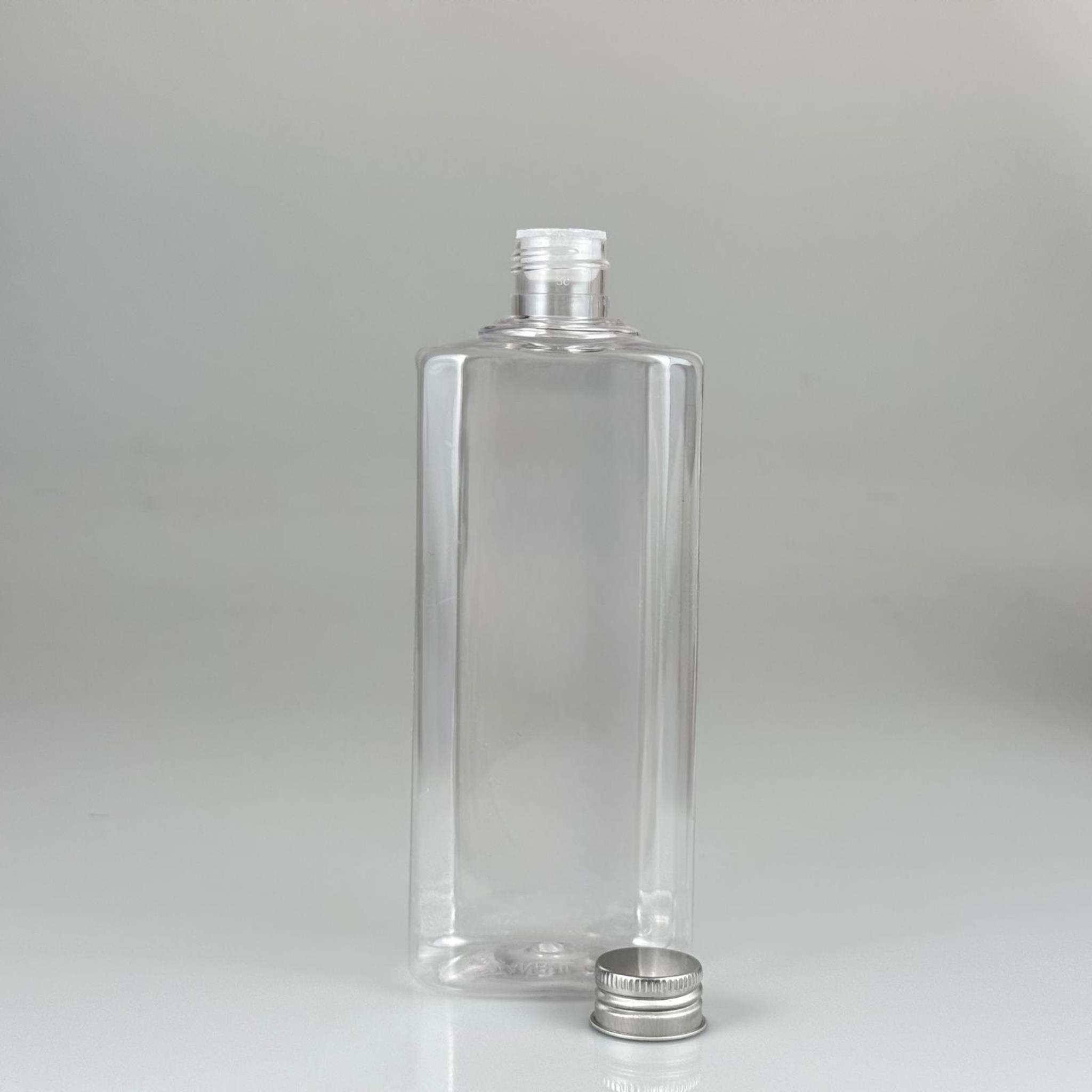 400 CC YASSI MODEL ŞEFFAF PET ŞİŞE (24 AĞIZ) + KÖPÜK CONTALI GÜMÜŞ METAL ALÜMİNYUM KAPAKLI + KOLONYA TIPALI TAKIM - 400 ML KAPAKLI PLASTİK ŞİŞELER