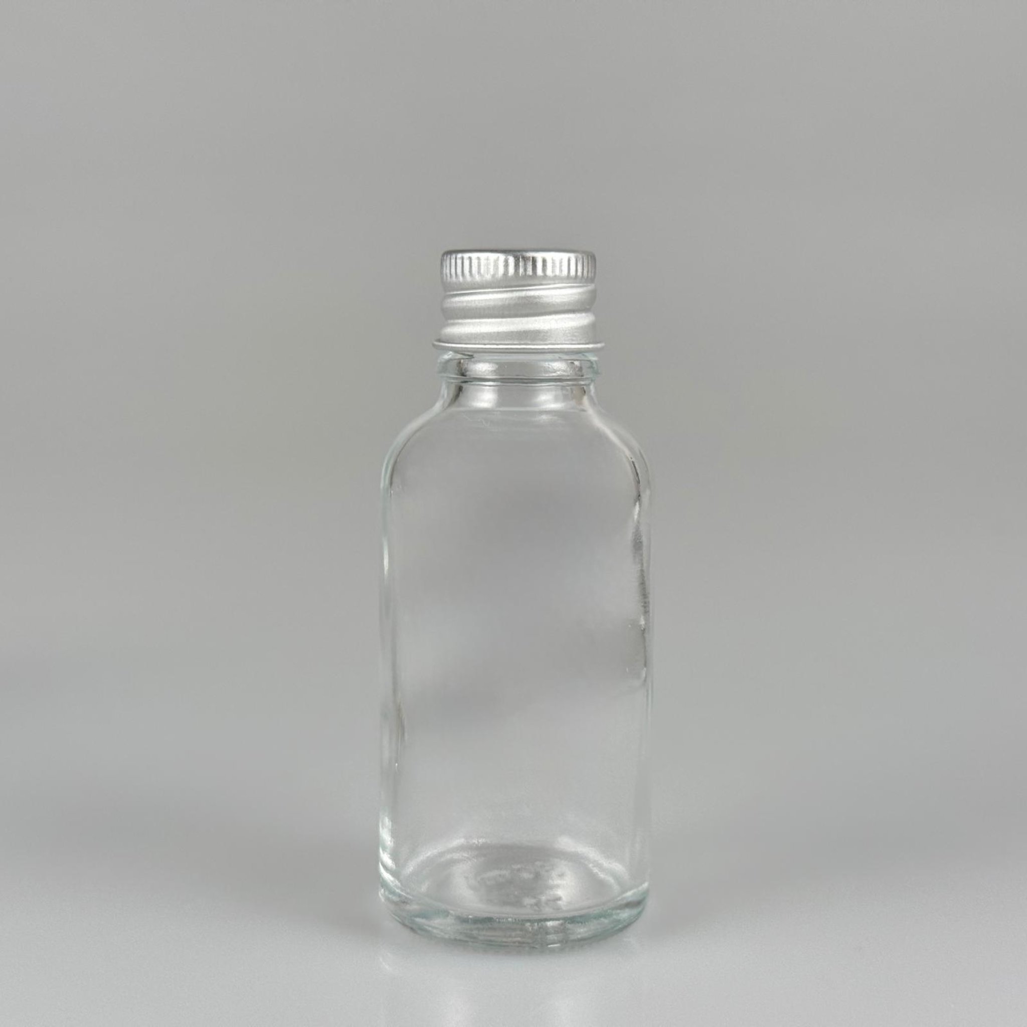 30 CC ŞEFFAF CAM ŞİŞE + KÖPÜK CONTALI GÜMÜŞ ALÜMİNYUM METAL KAPAKLI TAKIM - 30 ML ŞEFFAF CAM ŞİŞE