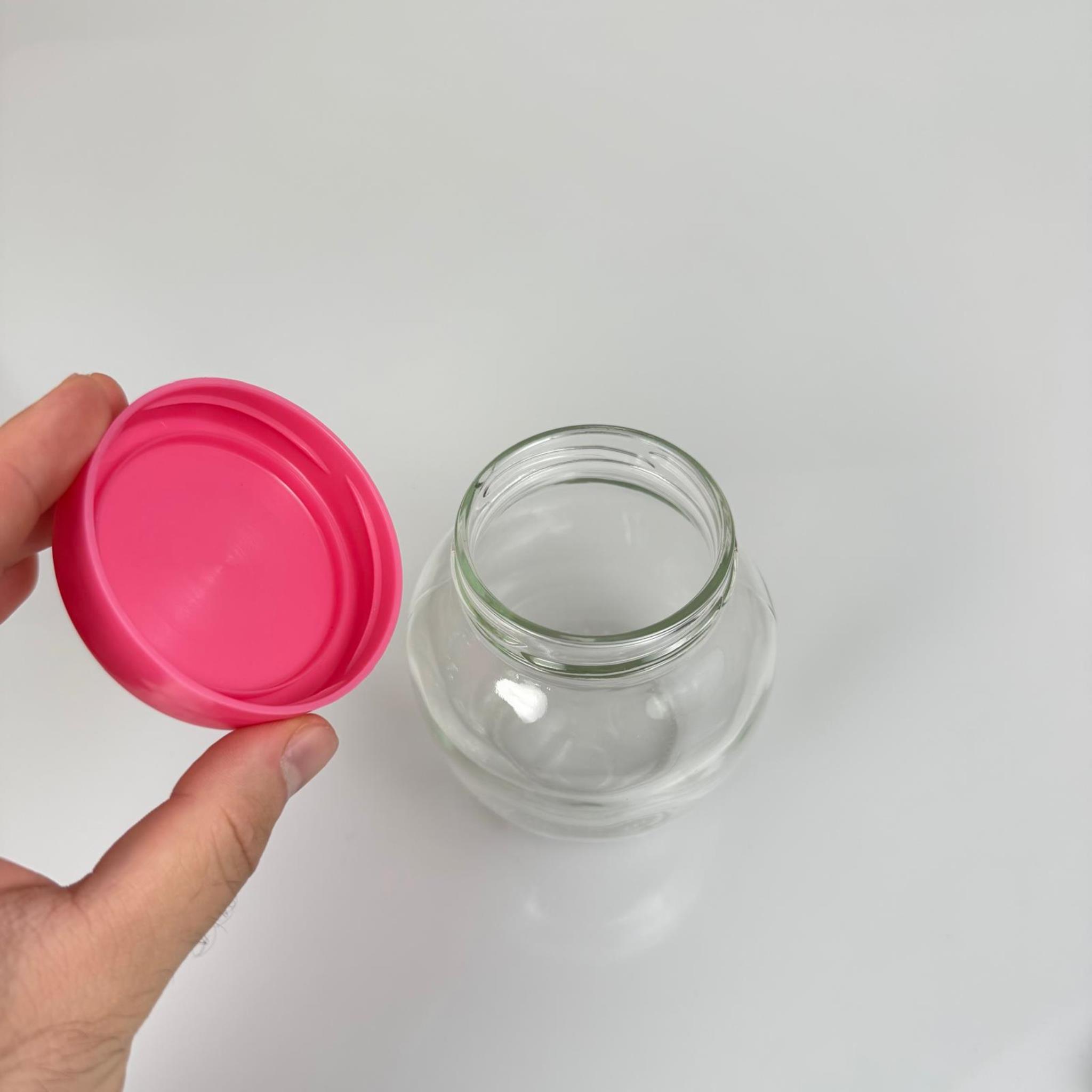 370 CC YUMURTA CAM KAVANOZ + PEMBE PLASTİK KAPAK - 370 ML PLASTİK KAPAKLI CAM KAVANOZ