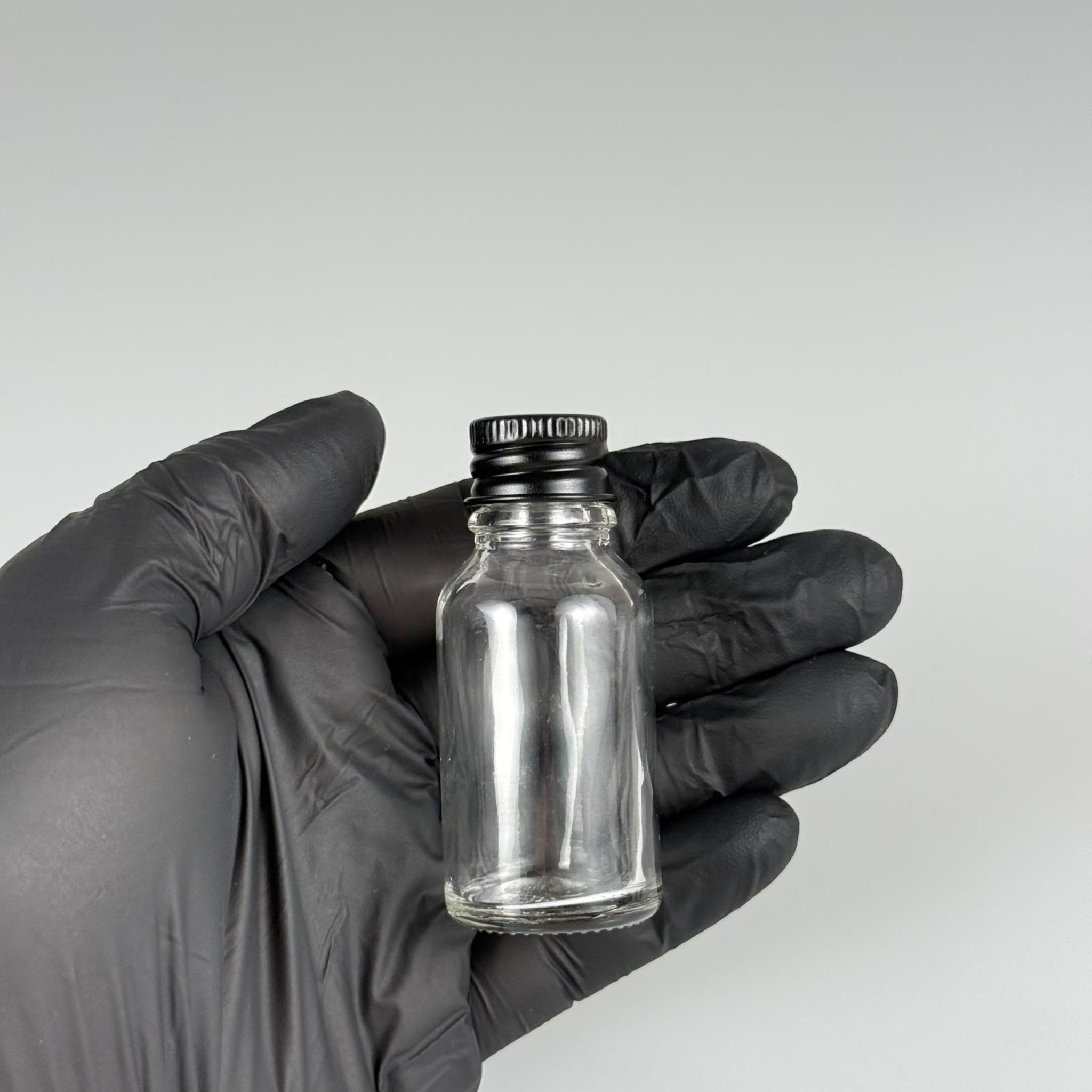 15 CC ŞEFFAF CAM ŞİŞE + KÖPÜK CONTALI SİYAH ALÜMİNYUM METAL KAPAKLI TAKIM - 15 ML ŞEFFAF CAM ŞİŞE