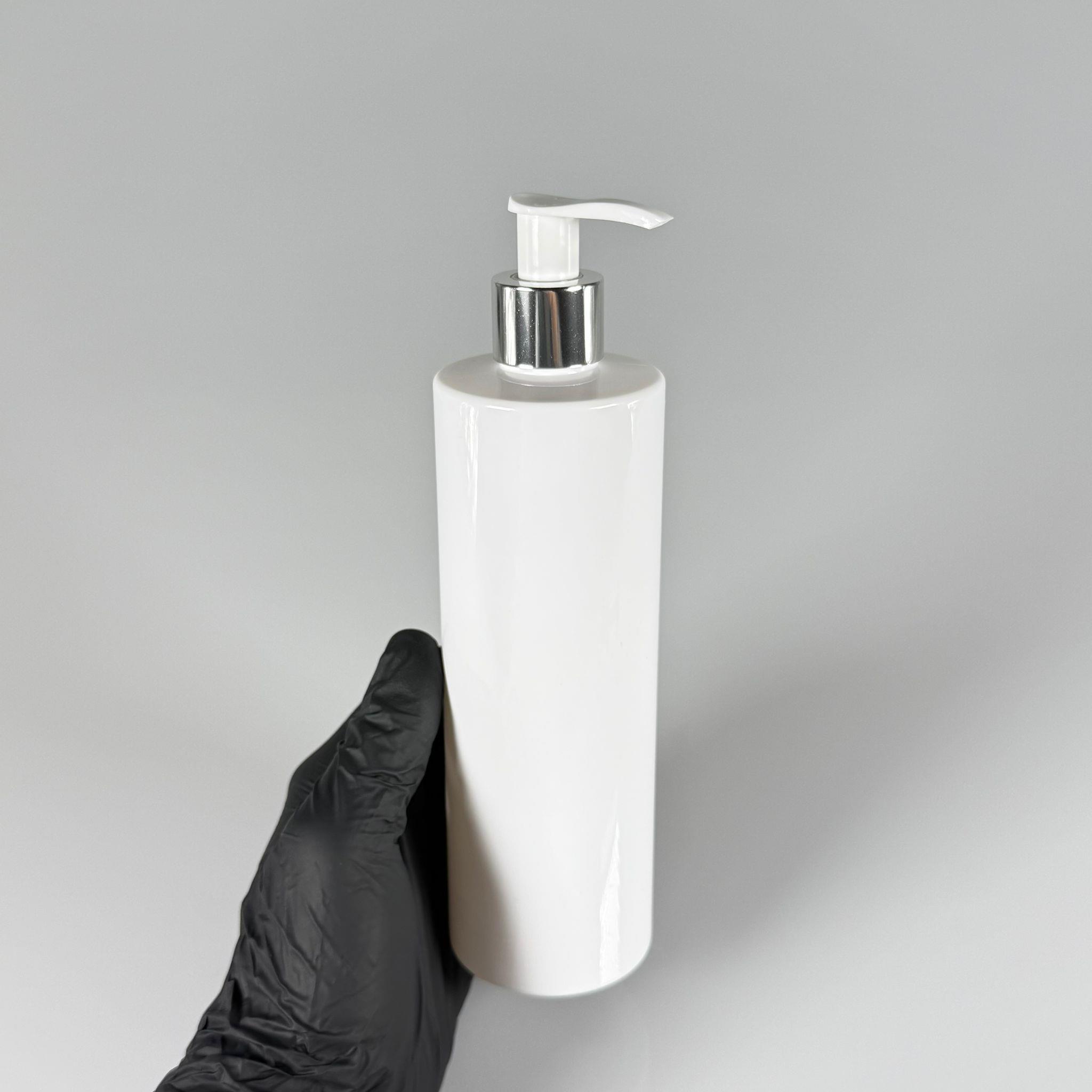 400 CC KÜT BOYUNLU SİLİNDİR PET ŞİŞE (30 GR) - GÜMÜŞ SIVI SABUN POMPALI - 400 ML PLASTİK ŞİŞE - BEYAZ