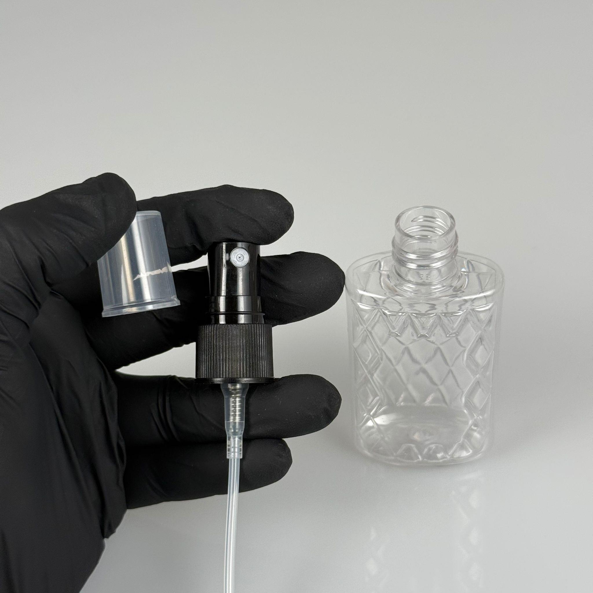 50 CC ŞEFFAF PET KÖŞELİ PARFÜM ŞİŞESİ - SİYAH SPREYLİ - 50 ML PLASTİK PARFÜM - KOLONYA ŞİŞESİ
