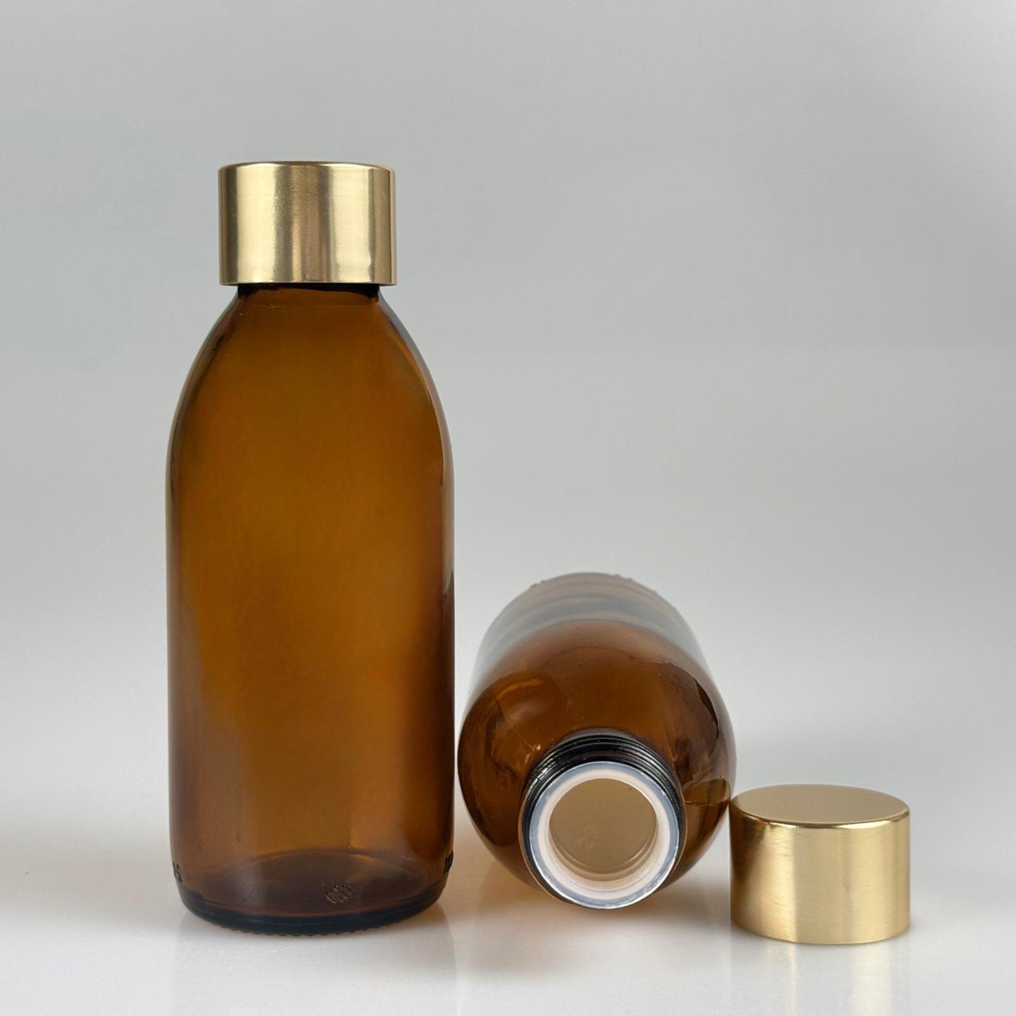 160 CC AMBER CAM ŞİŞE + ALÜMİNYUM KAPLAMALI GOLD KAPAKLI + KÖR TIPALI TAKIM -  160 ML KAHVERENGİ CAM ŞİŞE