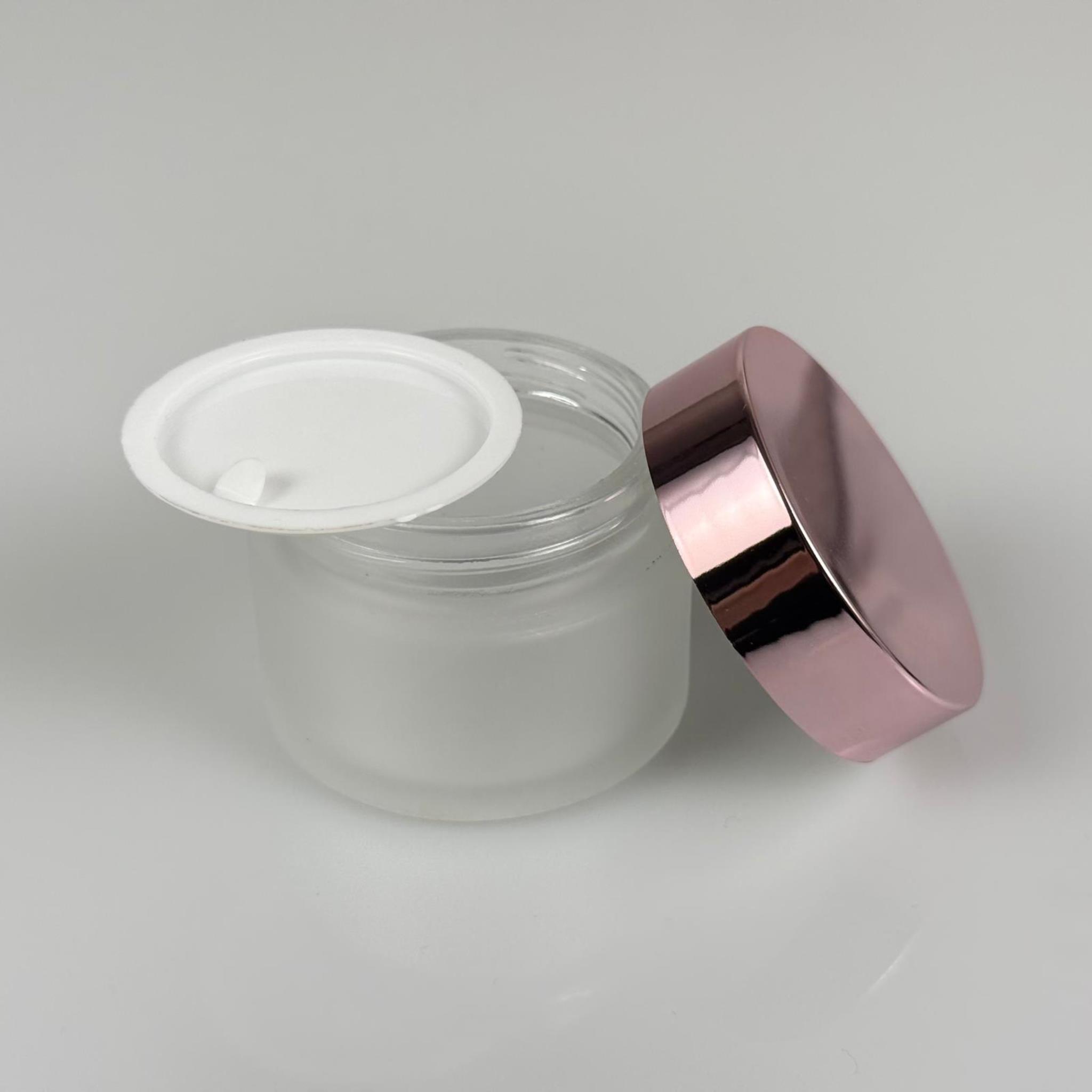 50 CC BUZLU CAM KREM KAVANOZU + ROSE KAPAK + İÇ TIPA - 50 ML Kozmetik ve Bakım Ürünleri İçin Cam Kavanozları