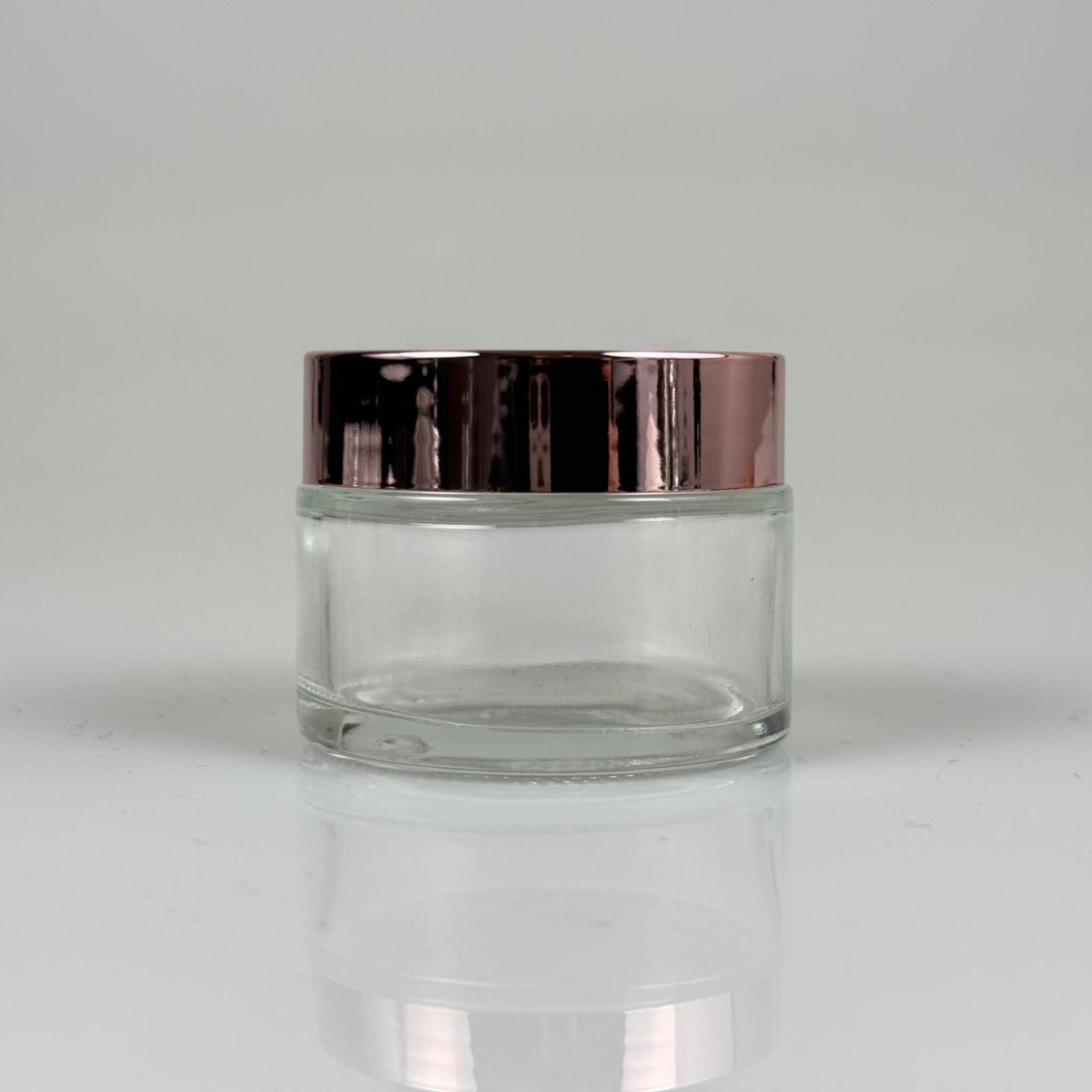 50 CC ŞEFFAF CAM KREM KAVANOZU + ROSE KAPAK + İÇ TIPA - 50 ML Kozmetik ve Bakım Ürünleri İçin Cam Kavanozları