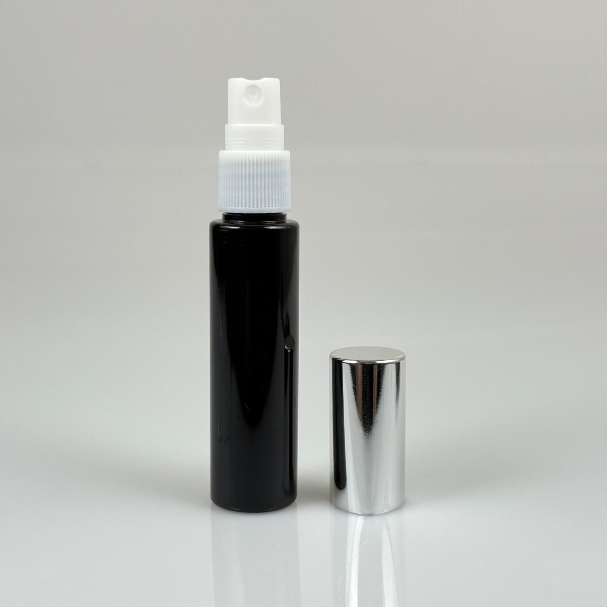 35 ML PET KOLONYA, PARFÜM VB ŞİŞELERİ - METAL ALÜMİNYUM GÜMÜŞ KAPAK + VİDALI SPREY + 35 CC SİYAH ŞİŞE SET TAKIM