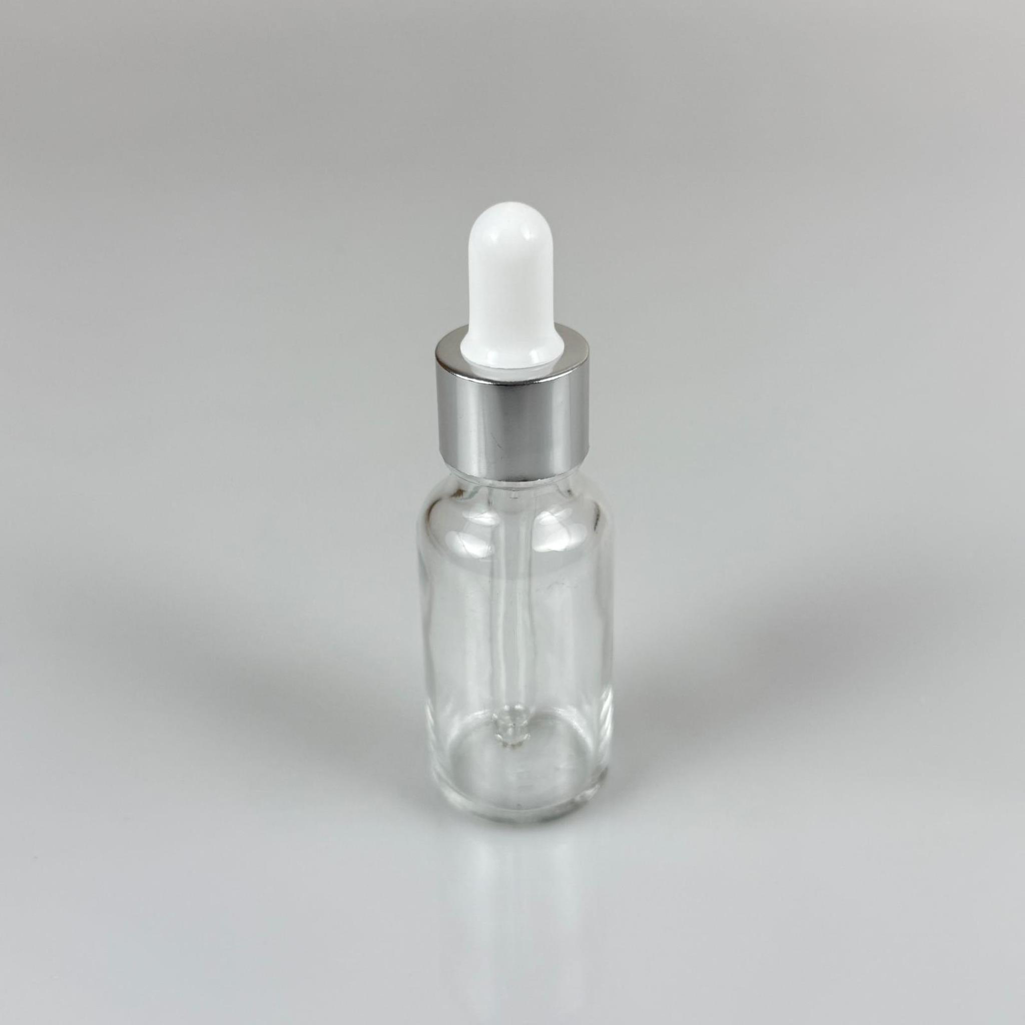 20 CC ŞEFFAF CAM DAMLALIKLI ŞİŞE - BEYAZ EMZİK - GÜMÜŞ METALİK KAPAK - 20 ML SAYDAM CAM DAMLALIKLI ŞİŞE