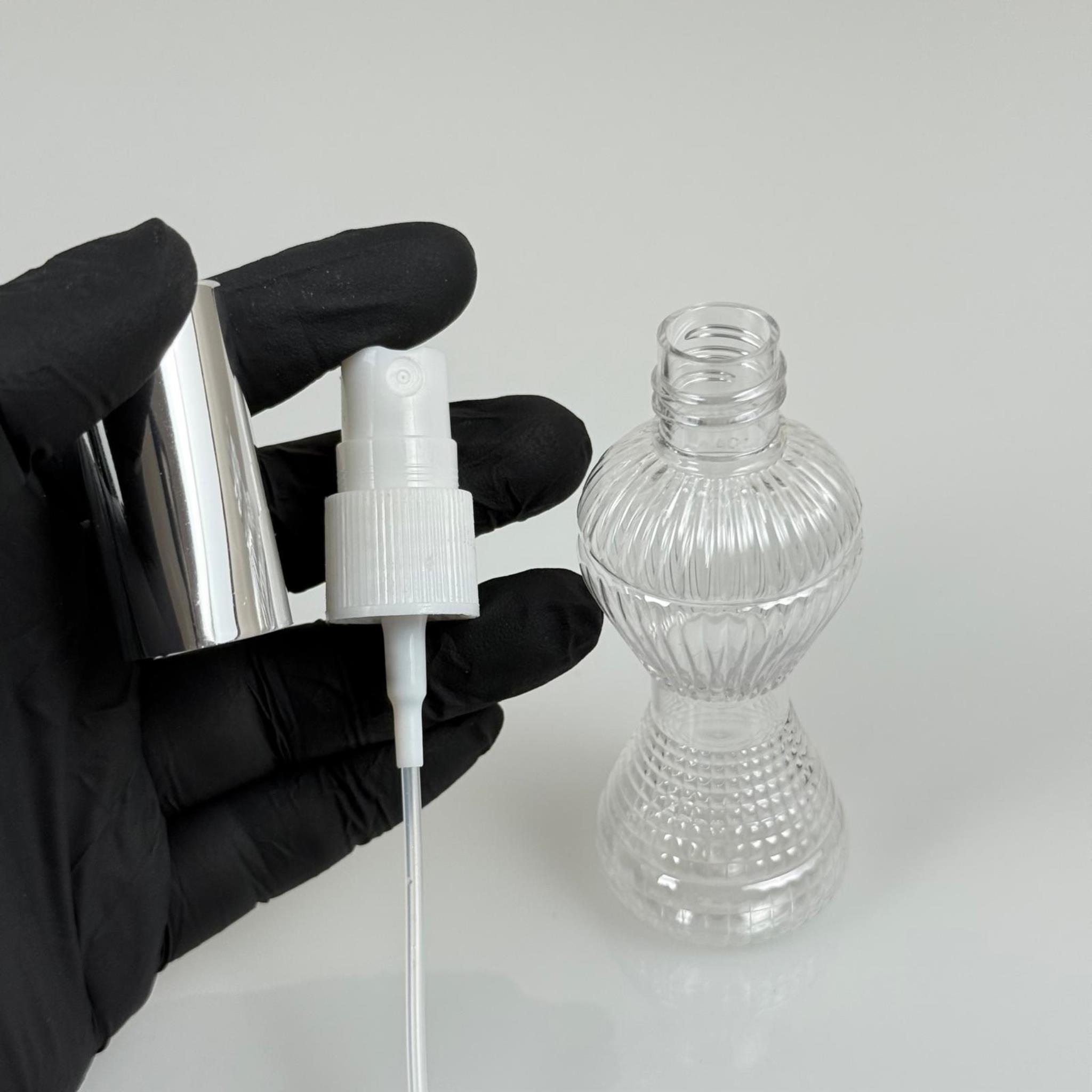 50 ML PET KOLONYA, PARFÜM VB ŞİŞELERİ - METAL ALÜMİNYUM GÜMÜŞ KAPAK + VİDALI SPREY + 50 CC PIRLANTA ŞİŞE SET TAKIM