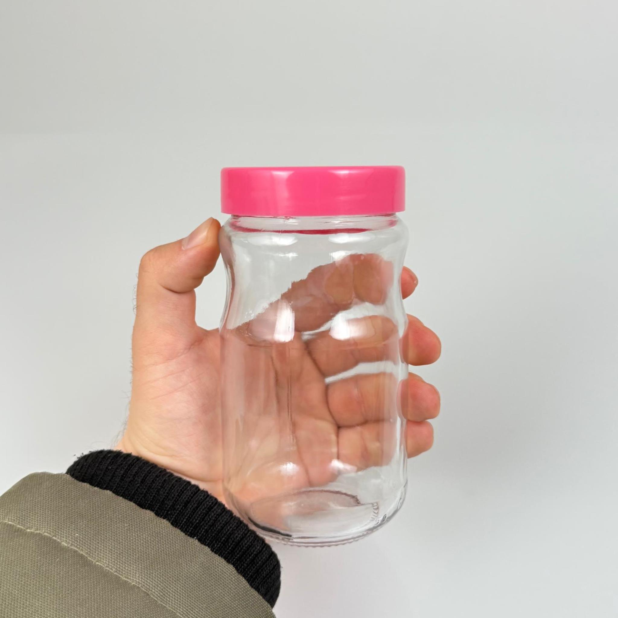 370 CC BOĞUMLU CAM KAVANOZ + PEMBE PLASTİK KAPAK - 370 ML PLASTİK KAPAKLI CAM KAVANOZ