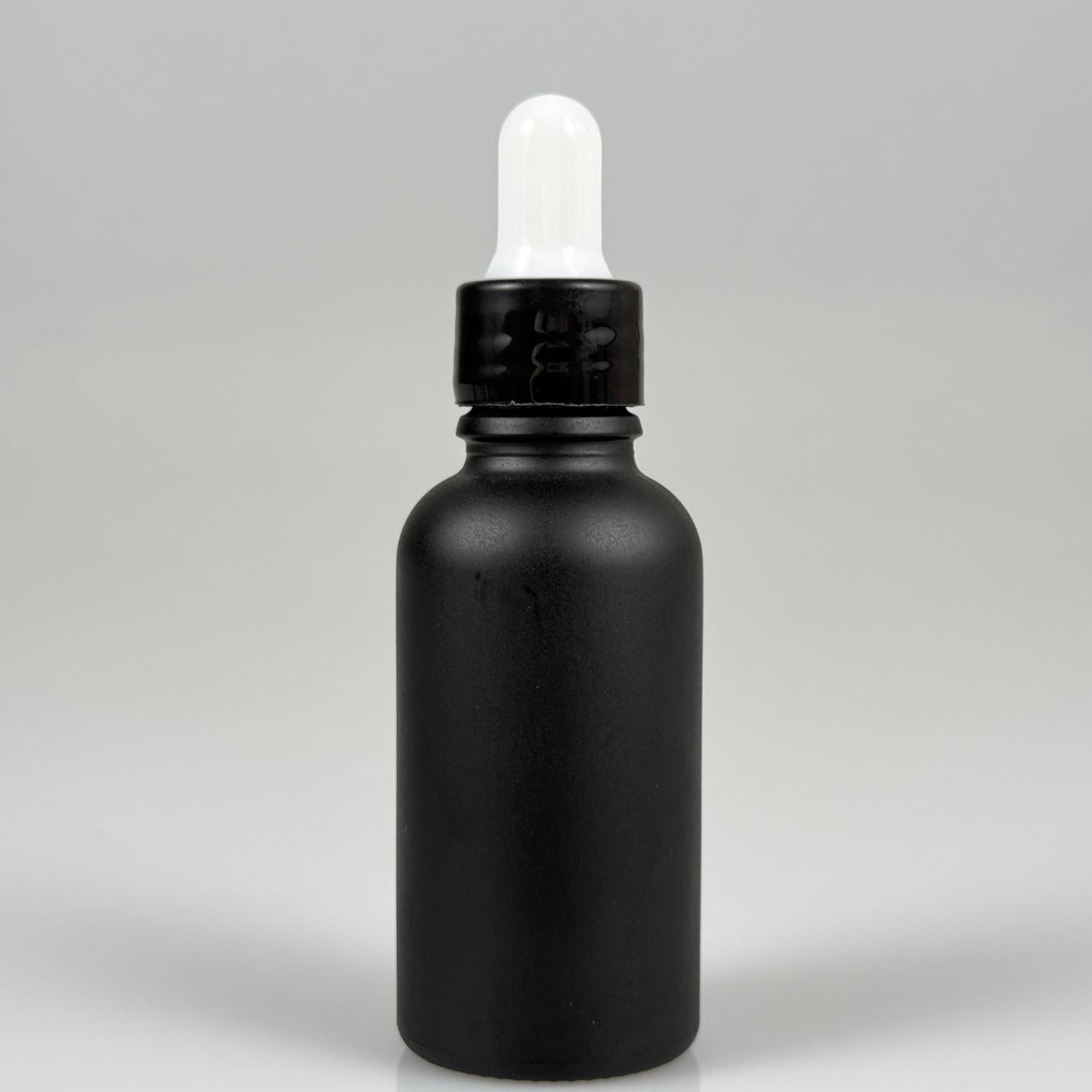 30  CC MAT SİYAH CAM DAMLALIKLI ŞİŞE - BEYAZ EMZİK + SİYAH DÜZ KAPAK + CAM PİPET TAKIM - 30 ML MAT SİYAH DAMLALIKLI ŞİŞE SETİ