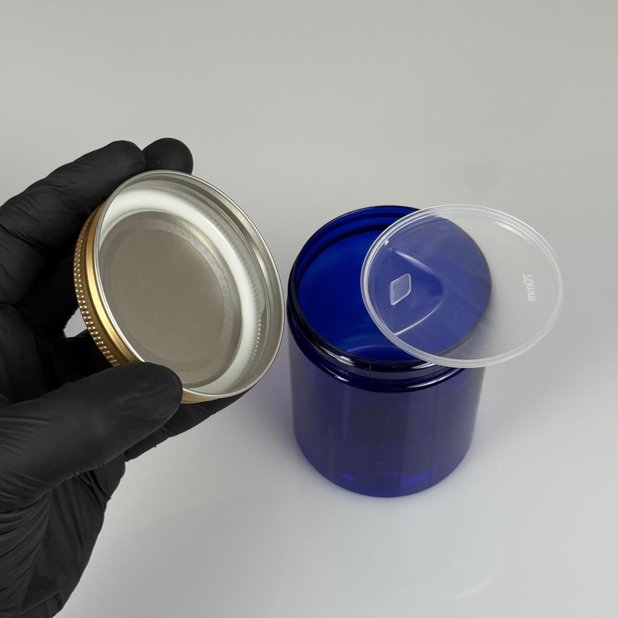300 ML SERT PET KAVANOZ + GOLD METAL KAPAK + İÇ TIPA - 300 CC KALIN MAVİ PLASTİK KAVANOZ GOLD METAL KAPAKLI İÇ TIPALI TAKIM - KREM KAVANOZLARI