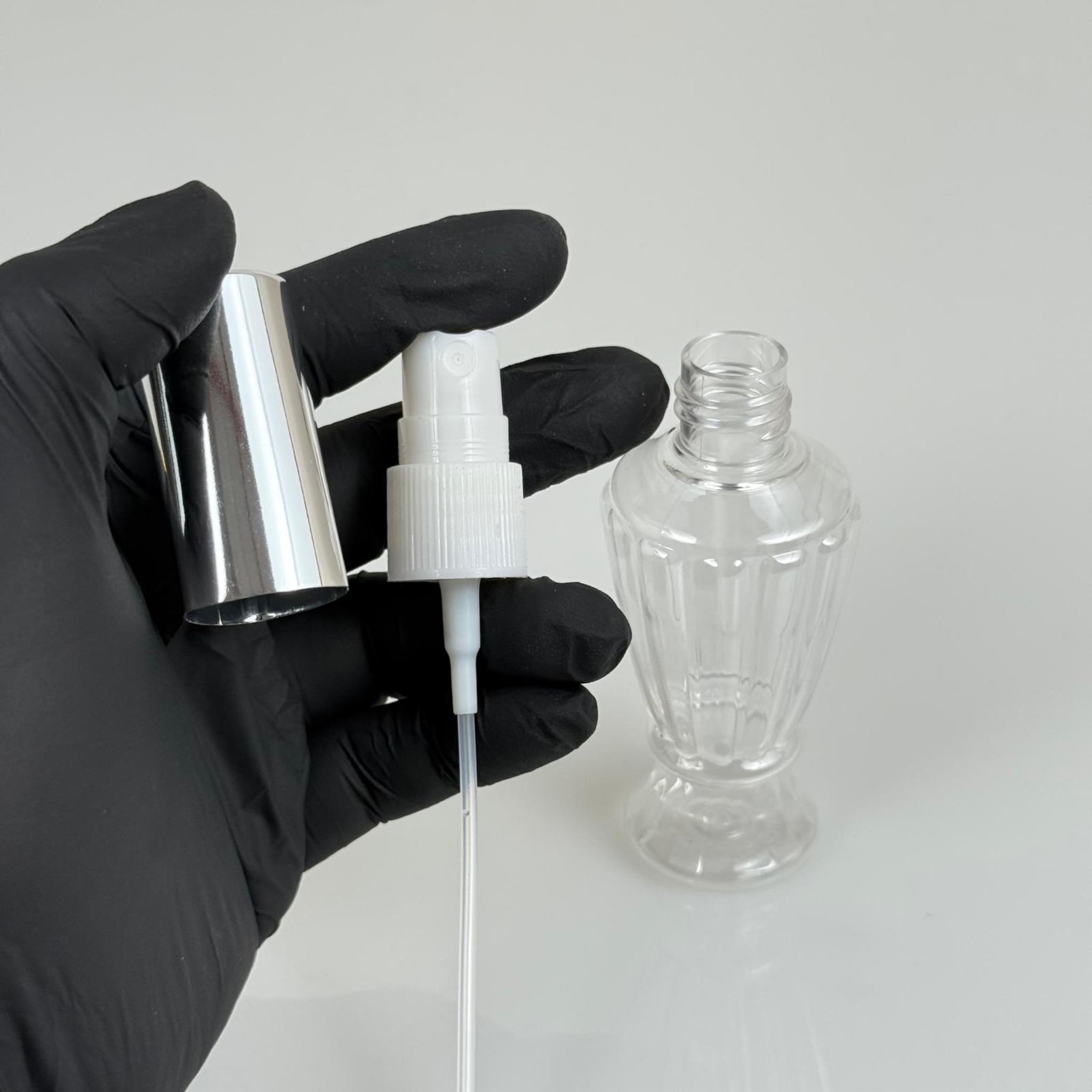 50 ML PET KOLONYA, PARFÜM VB ŞİŞELERİ - METAL ALÜMİNYUM GÜMÜŞ KAPAK + VİDALI SPREY + 50 CC VAZO HÜRREM ŞİŞE SET TAKIM
