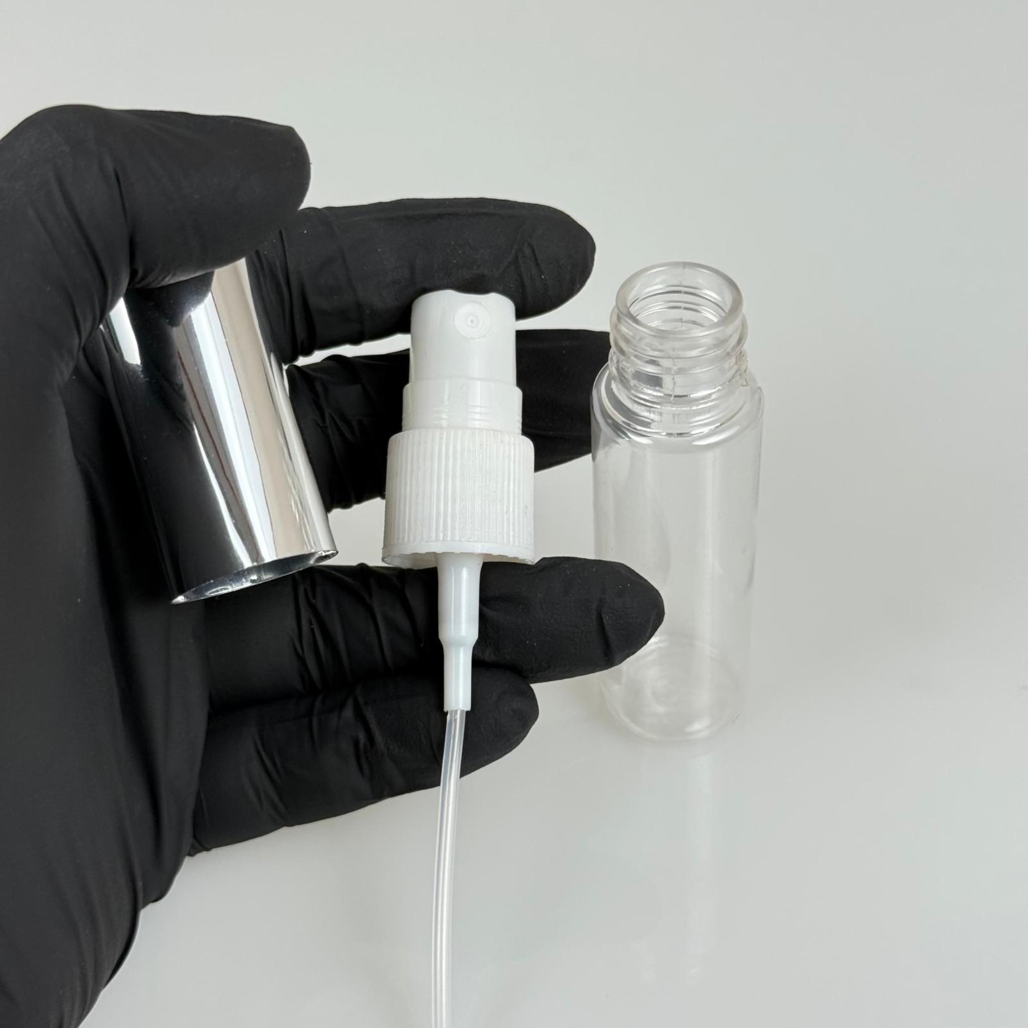 20 ML PET KOLONYA, PARFÜM VB ŞİŞELERİ - METAL ALÜMİNYUM GÜMÜŞ KAPAK + VİDALI SPREY + 20 CC SHOT ŞİŞE SET TAKIM