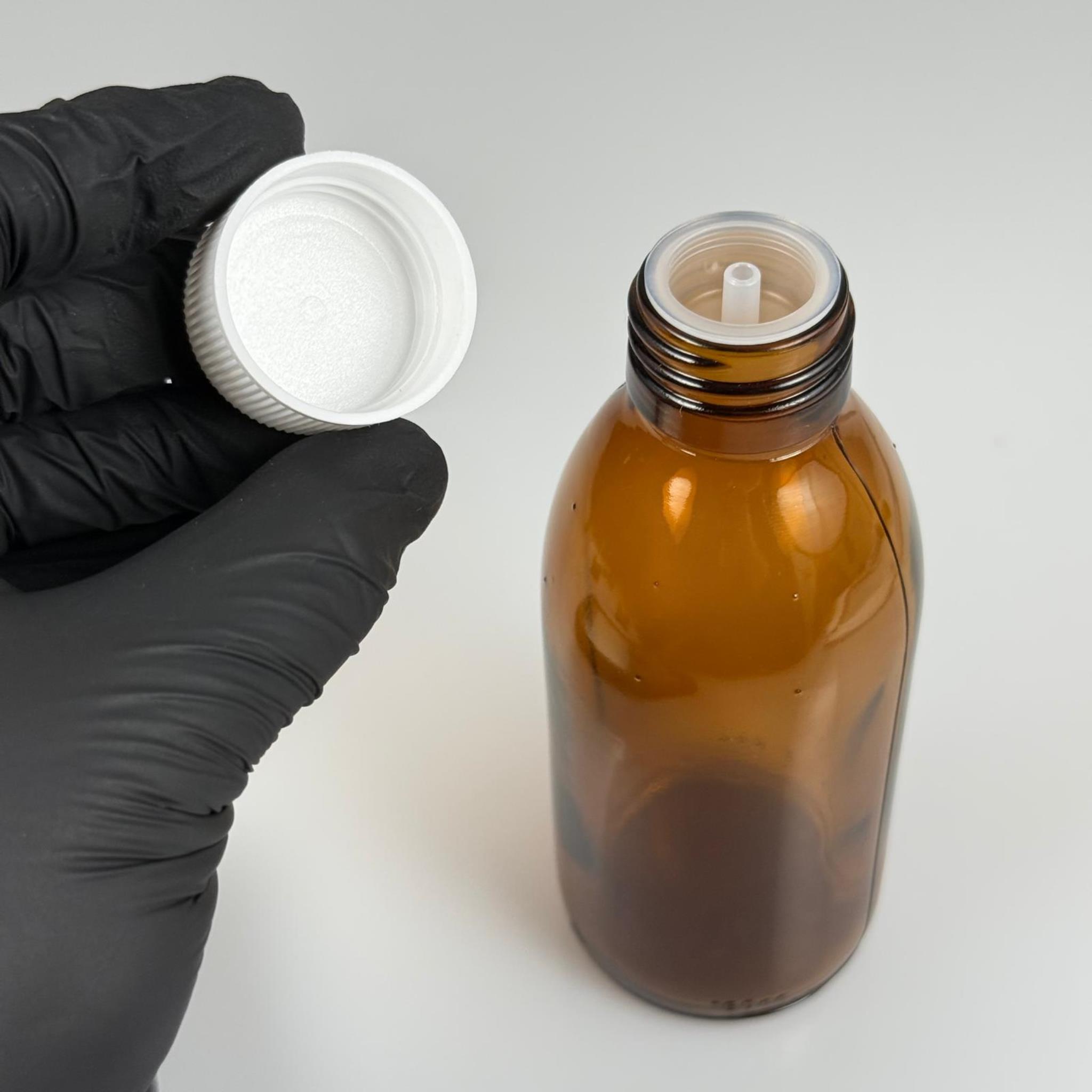 160 ML DOLUMU KOLAY, GENİŞ AĞIZLI İÇTEN DAMLALIKLI ŞİŞE (28 MM AĞIZ)  - 160 CC BEYAZ CONTALI KAPAKLI İÇTEN DAMLALIKLI CAM ECZA ŞİŞESİ - AMBER KAHVERENGİ