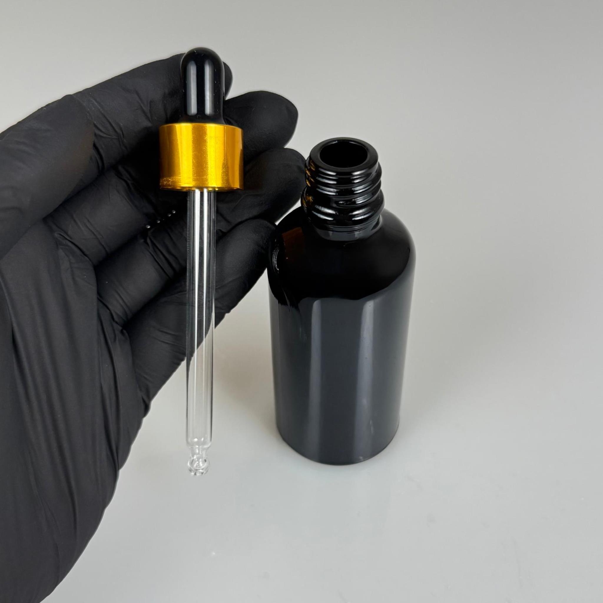 50 CC SİYAH CAM DAMLALIKLI ŞİŞE - SİYAH EMZİK - GOLD METALİK KAPAK - 50 ML SİYAH CAM DAMLALIKLI ŞİŞE - DAMLALIKLI BOŞ ŞİŞE