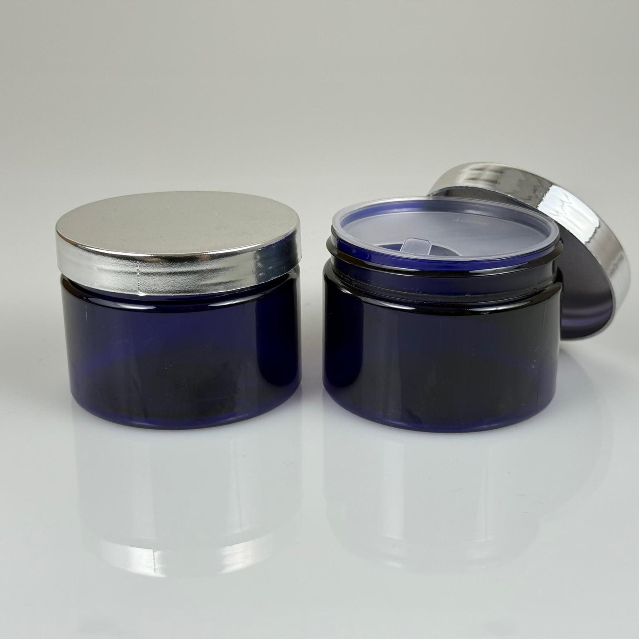 150 ML SERT PET KAVANOZ + GÜMÜŞ KAPLAMALI PLASTİK KAPAK + İÇ TIPA - 150 CC KALIN MAVİ PLASTİK KAVANOZ GÜMÜŞ KAPLAMALI PLASTİK KAPAKLI İÇ TIPALI TAKIM - KREM KAVANOZLARI