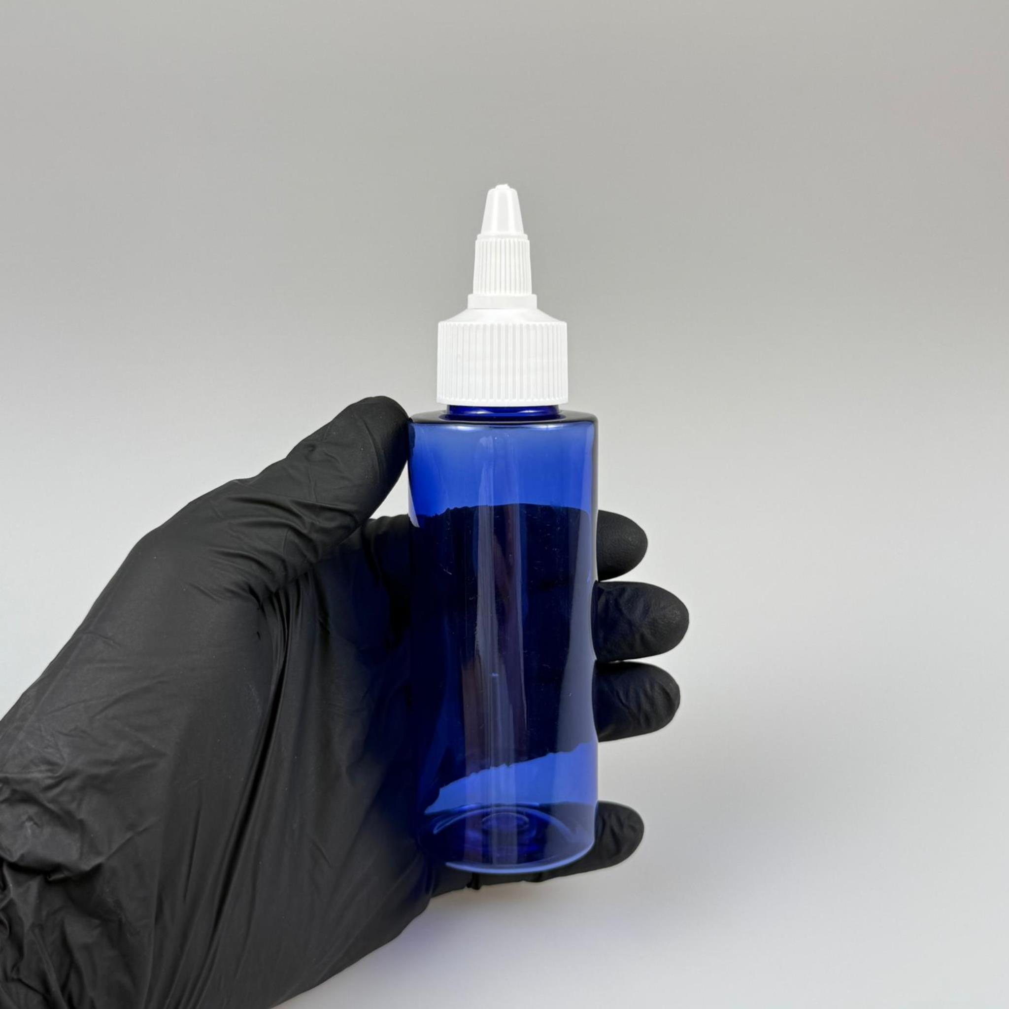 YAĞ, SOS, ACI SOS, SİRKE, SRIRACHA, MÜREKKEP, TUTKAL AKITICI VB BOŞ ŞİŞELERİ - BEYAZ SİVRİ TWİST AKITICI KAPAK + 100 ML KÜT MAVİ SERT PET PLASTİK ŞİŞE TAKIM